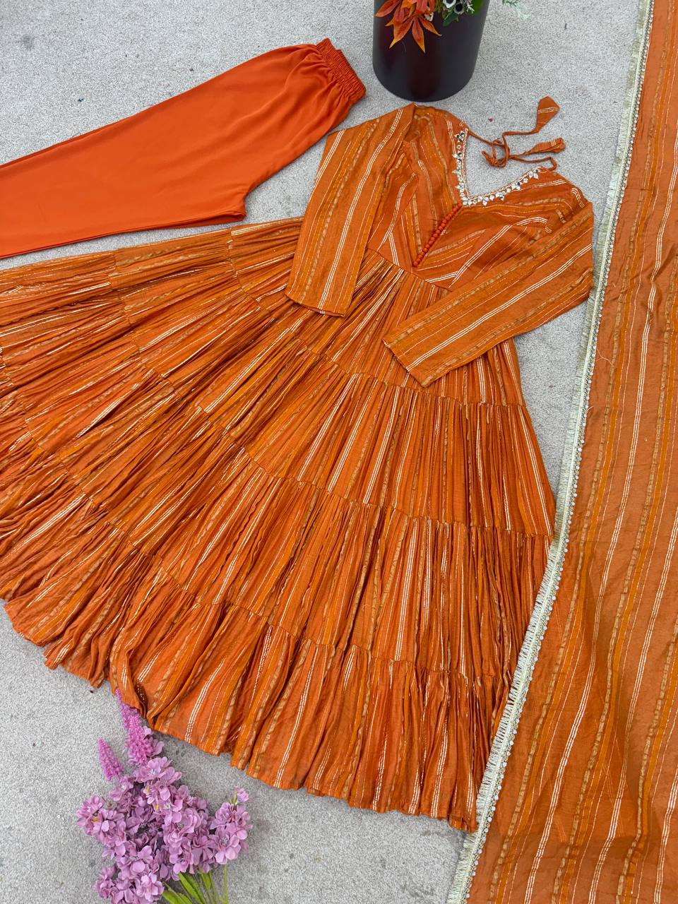 Rust Color Mal Chanderi Ruffle Flaired Gown Set | Nardev Fashion