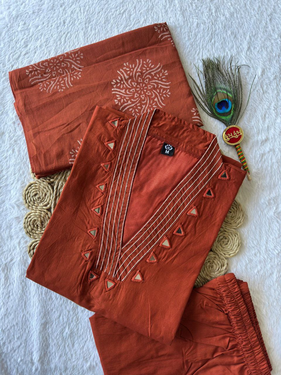 Rust Color Cotton A-Line Kurti Pant Dupatta Set | Nardev Fashion