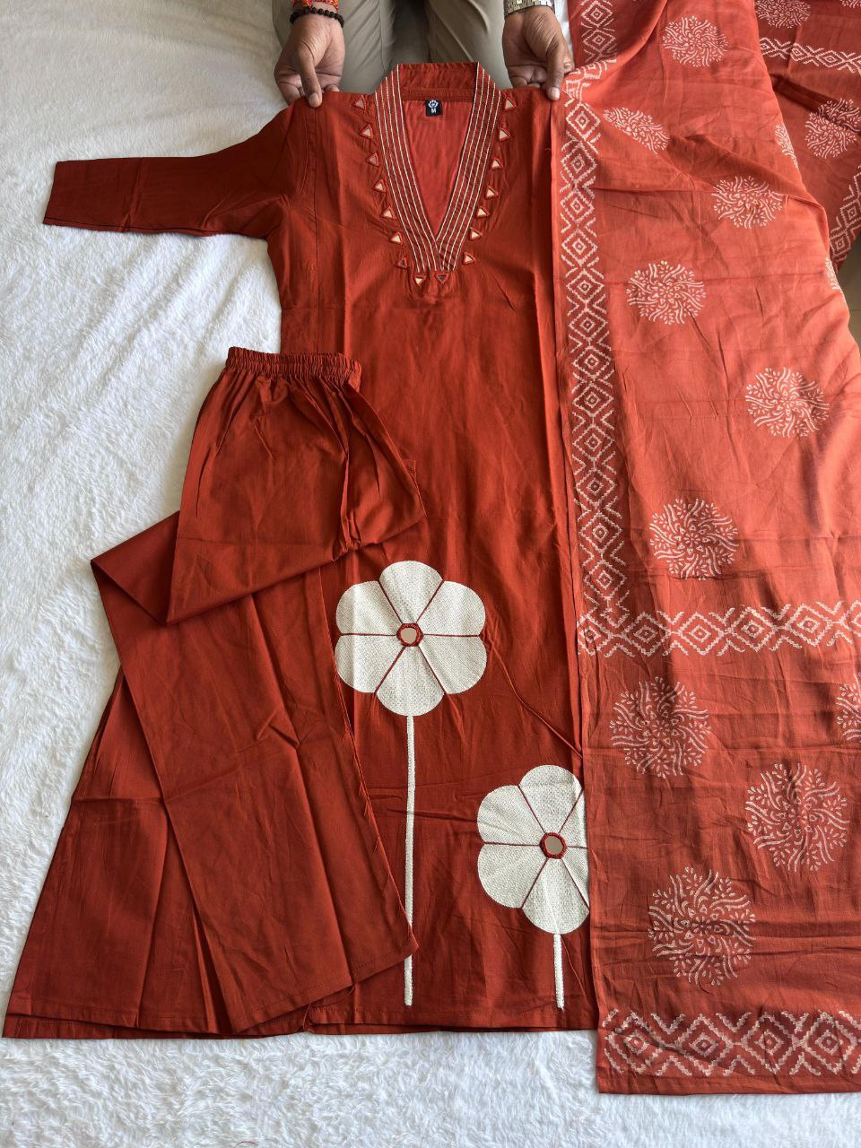 Rust Color Cotton A-Line Kurti Pant Dupatta Set | Nardev Fashion