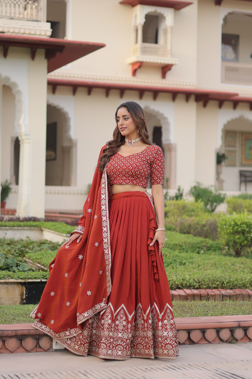 Rust Color Wedding Outfits - Lehenga Choli Set for Sangeet - Haldi - Marriage 