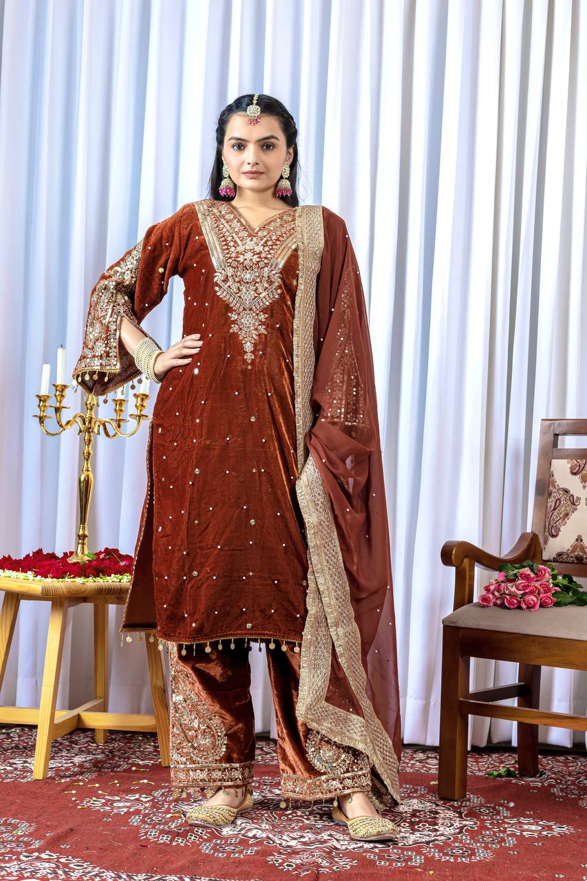 Rust Color Winter Velvet Suit – Ready to Wear (M–XXL) | Nardev Fashion