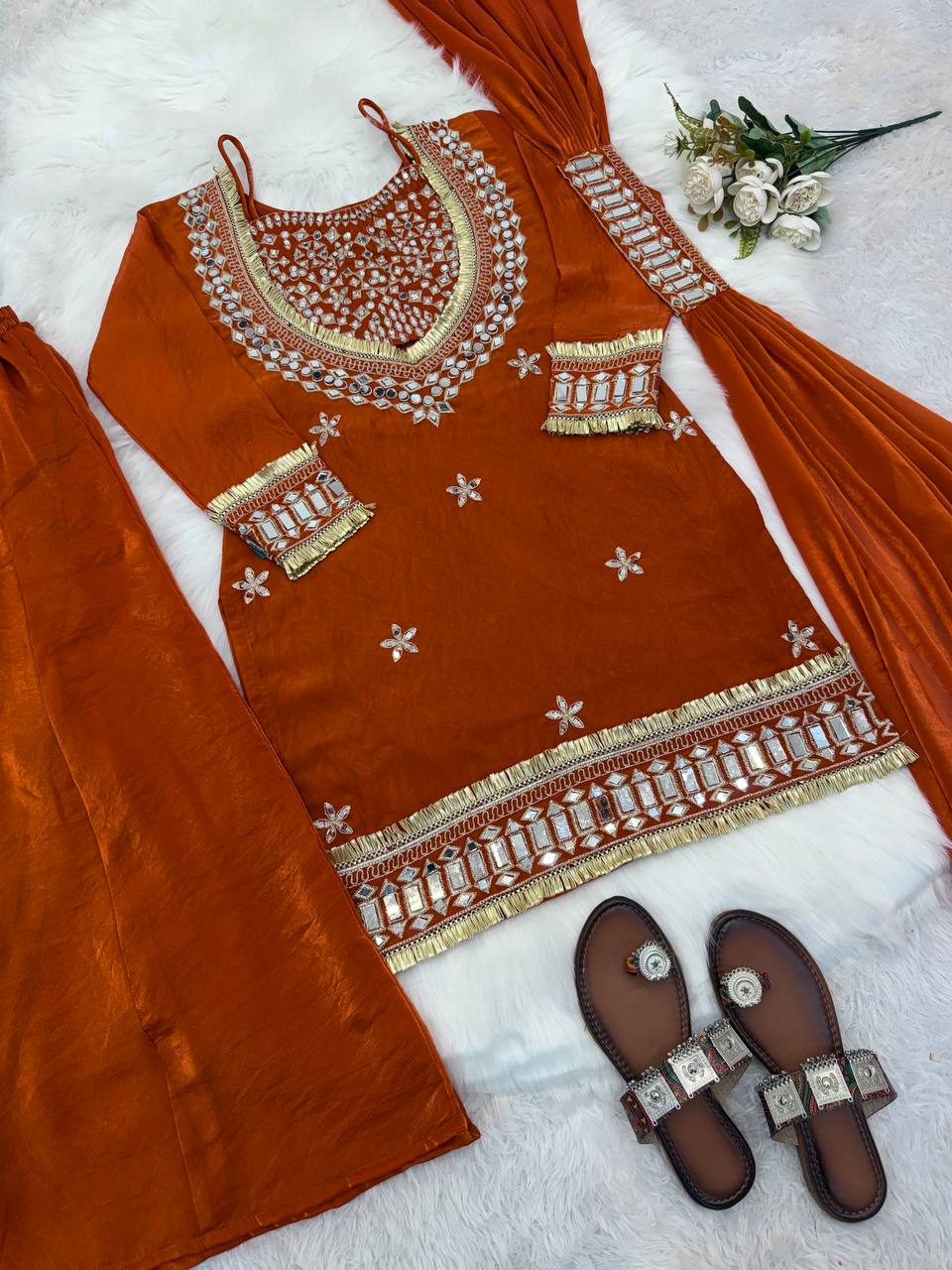 Rust Fendy Silk Mirror Work Sharara Plazzo Suit Set – Fully Stitched