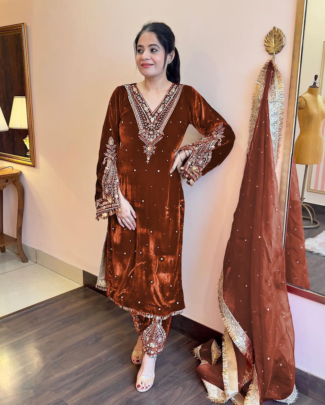 Rust Orange Pakistani Velvet Suit