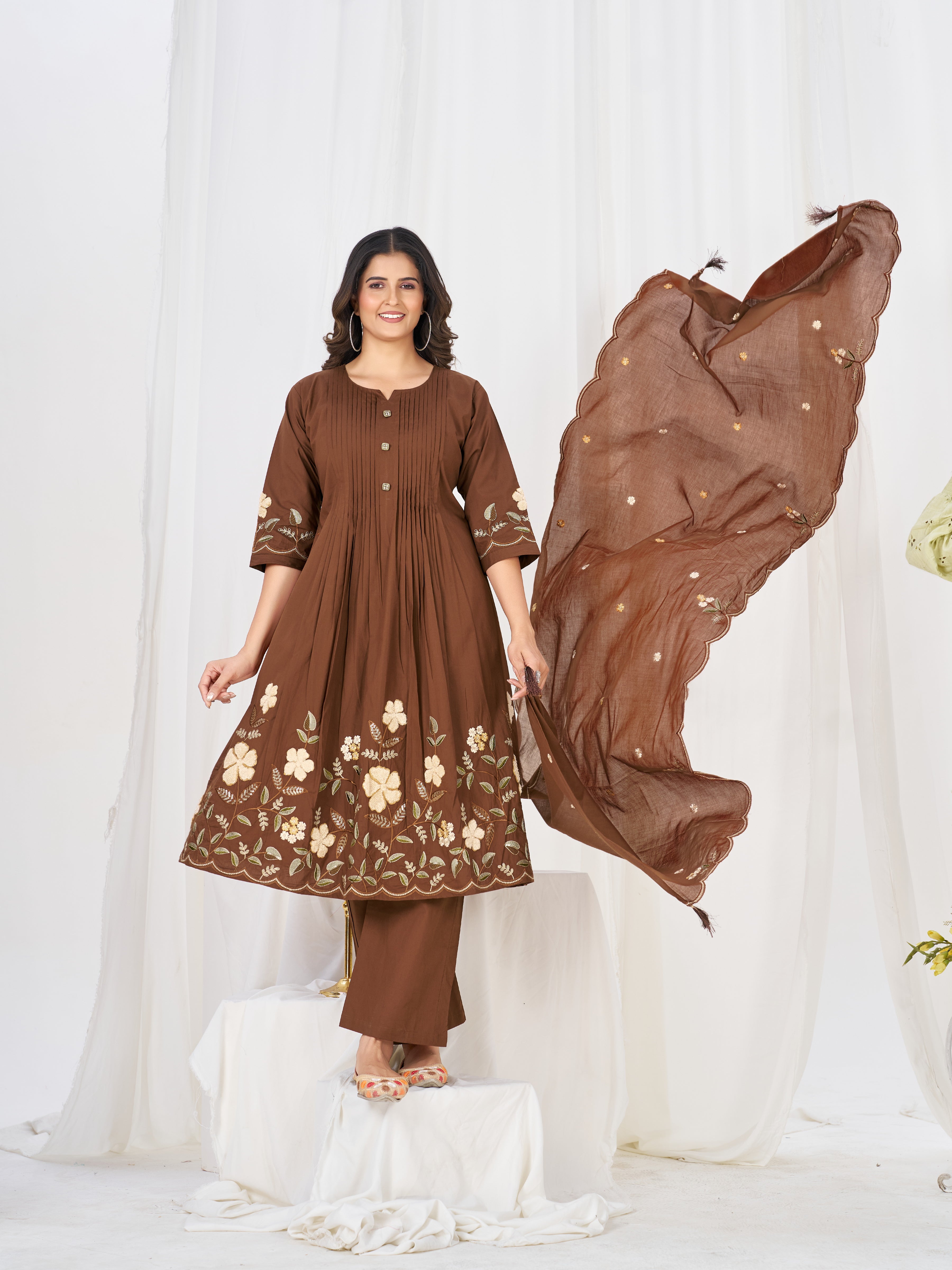Brown Pure Cotton Embroidered Anarkali Kurti Set with Dupatta & Culottes