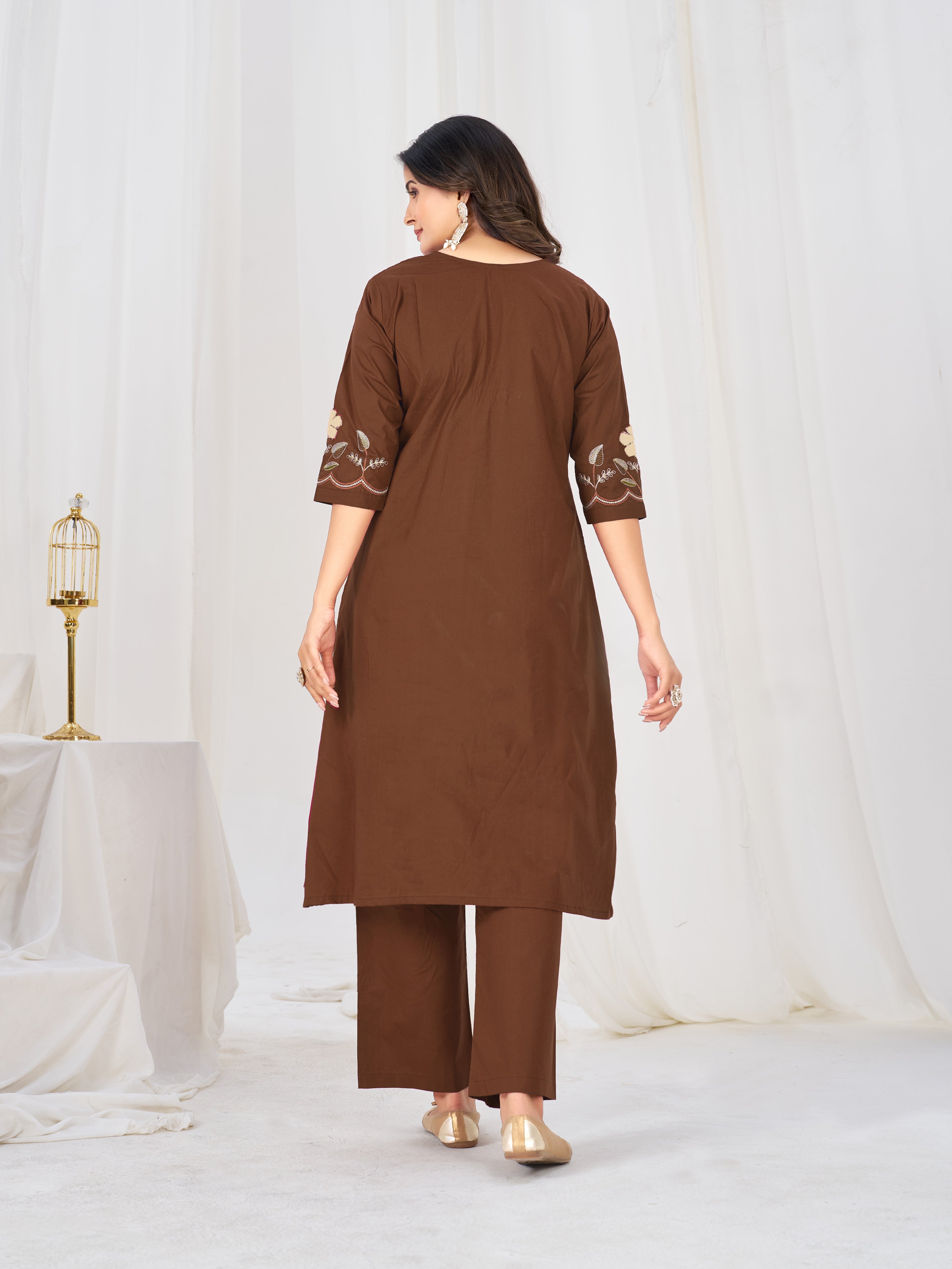 Brown Pure Cotton Embroidered Anarkali Kurti Set with Dupatta & Culottes