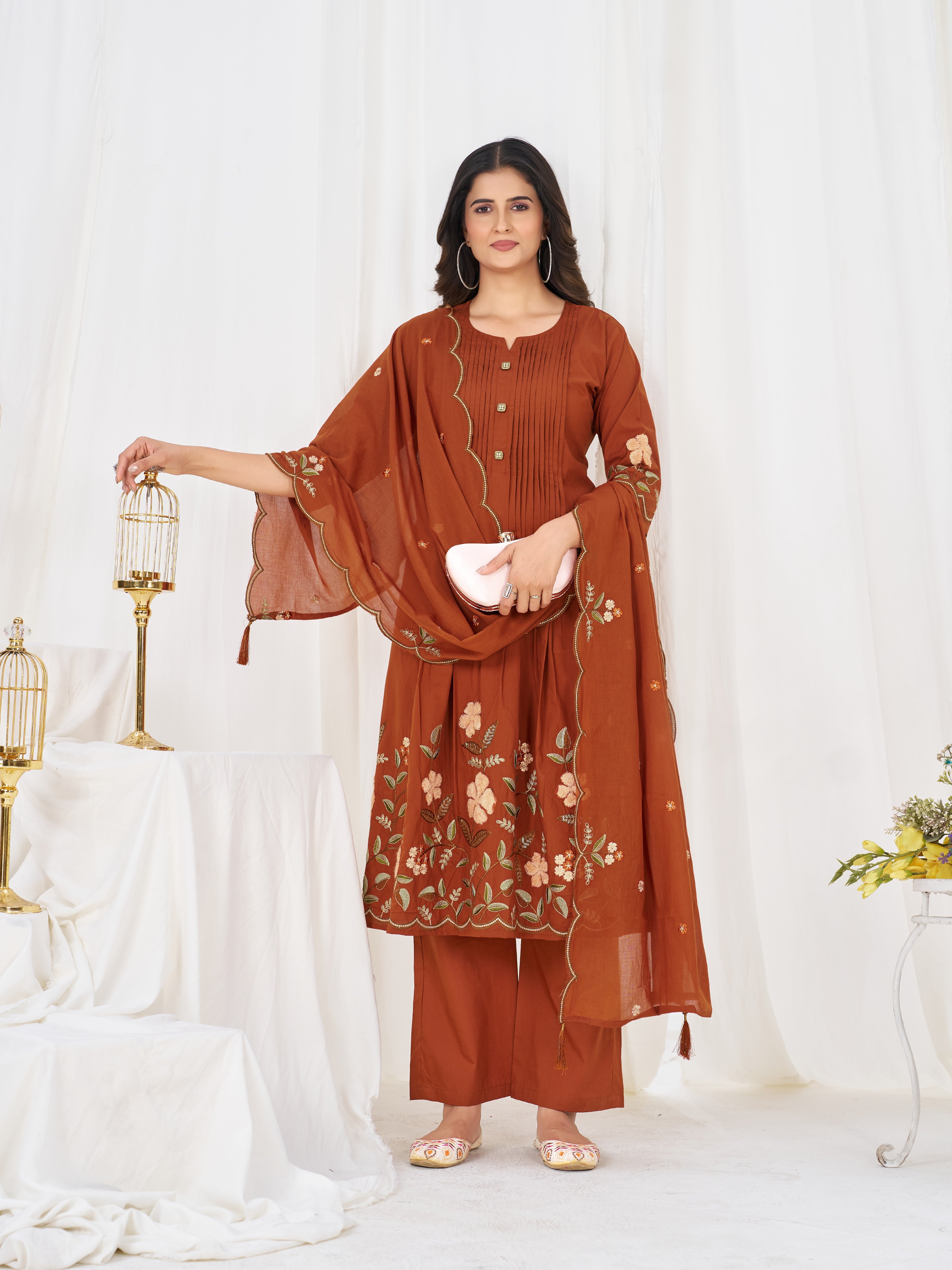 Rust Pure Cotton Embroidered Anarkali Kurti Set with Dupatta