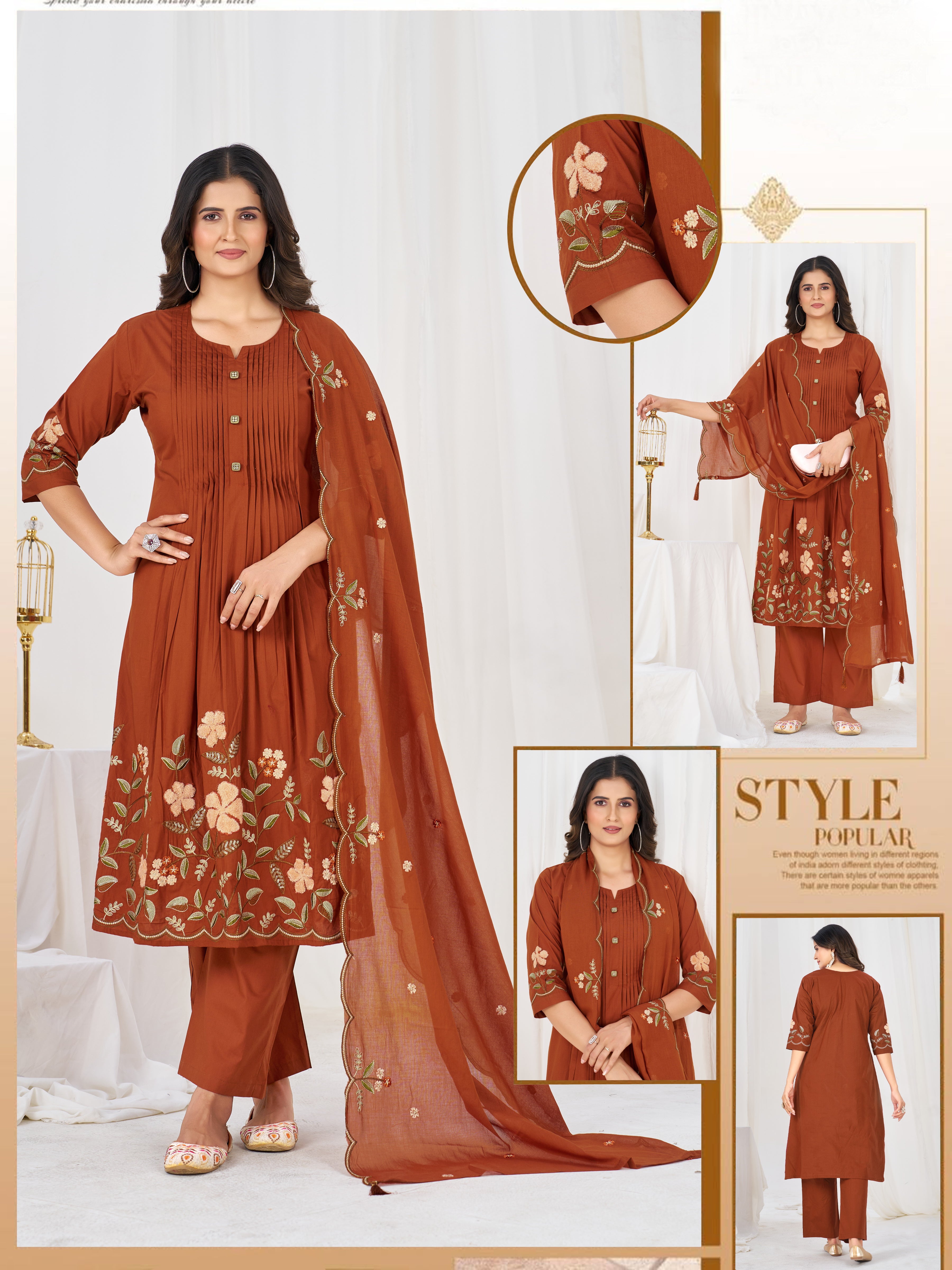 Rust Pure Cotton Embroidered Anarkali Kurti Set with Dupatta