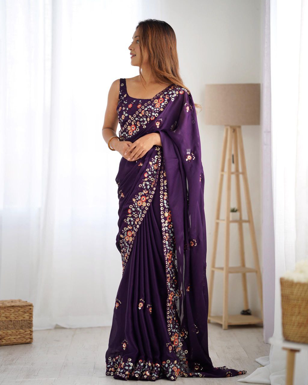 Satin Chiffon Embroidered Saree for Wedding & Festive Wear | Nardev Fashion