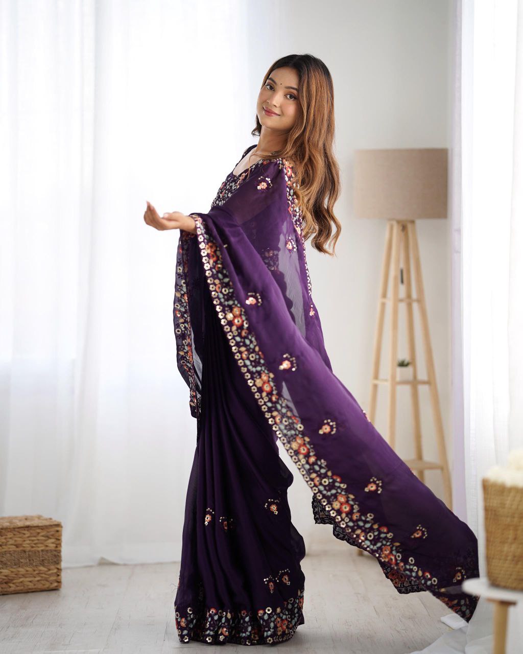 Satin Chiffon Embroidered Saree for Wedding & Festive Wear | Nardev Fashion