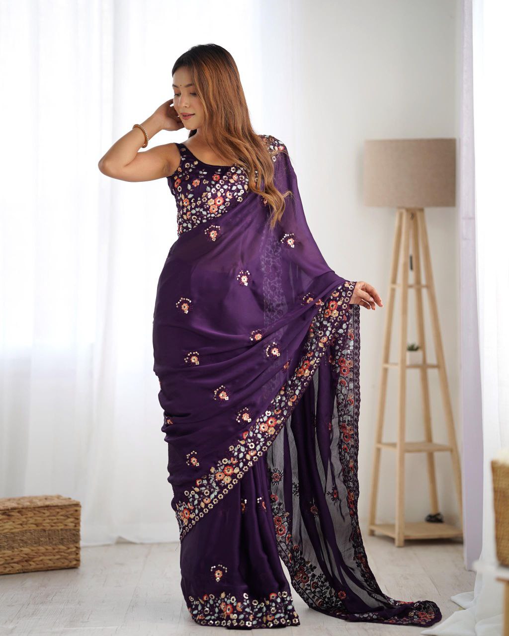 Satin Chiffon Embroidered Saree for Wedding & Festive Wear | Nardev Fashion