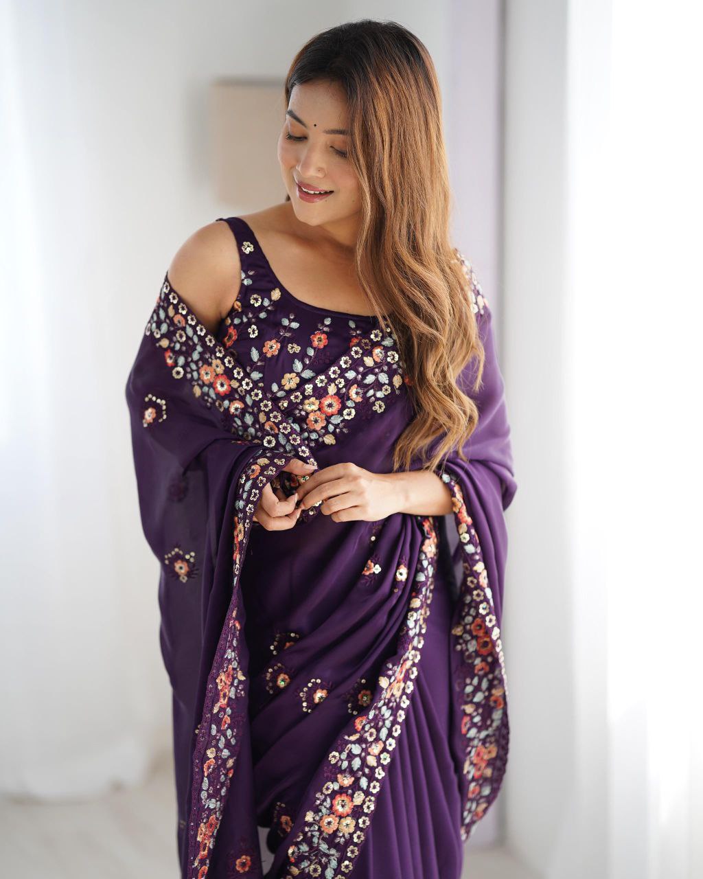 Satin Chiffon Embroidered Saree for Wedding & Festive Wear | Nardev Fashion