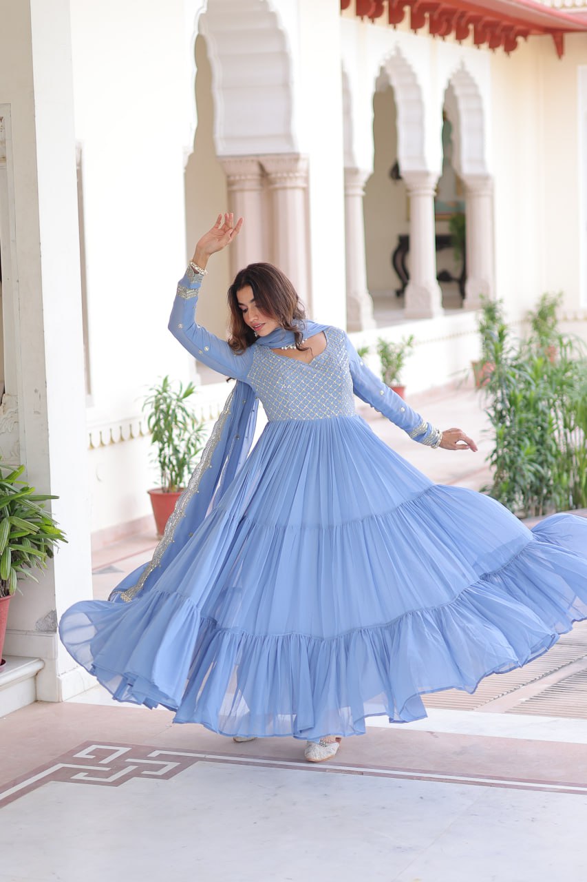Sky Color Wedding Wear Flaired Anarkali with Dupatta | Nardev Fashion
