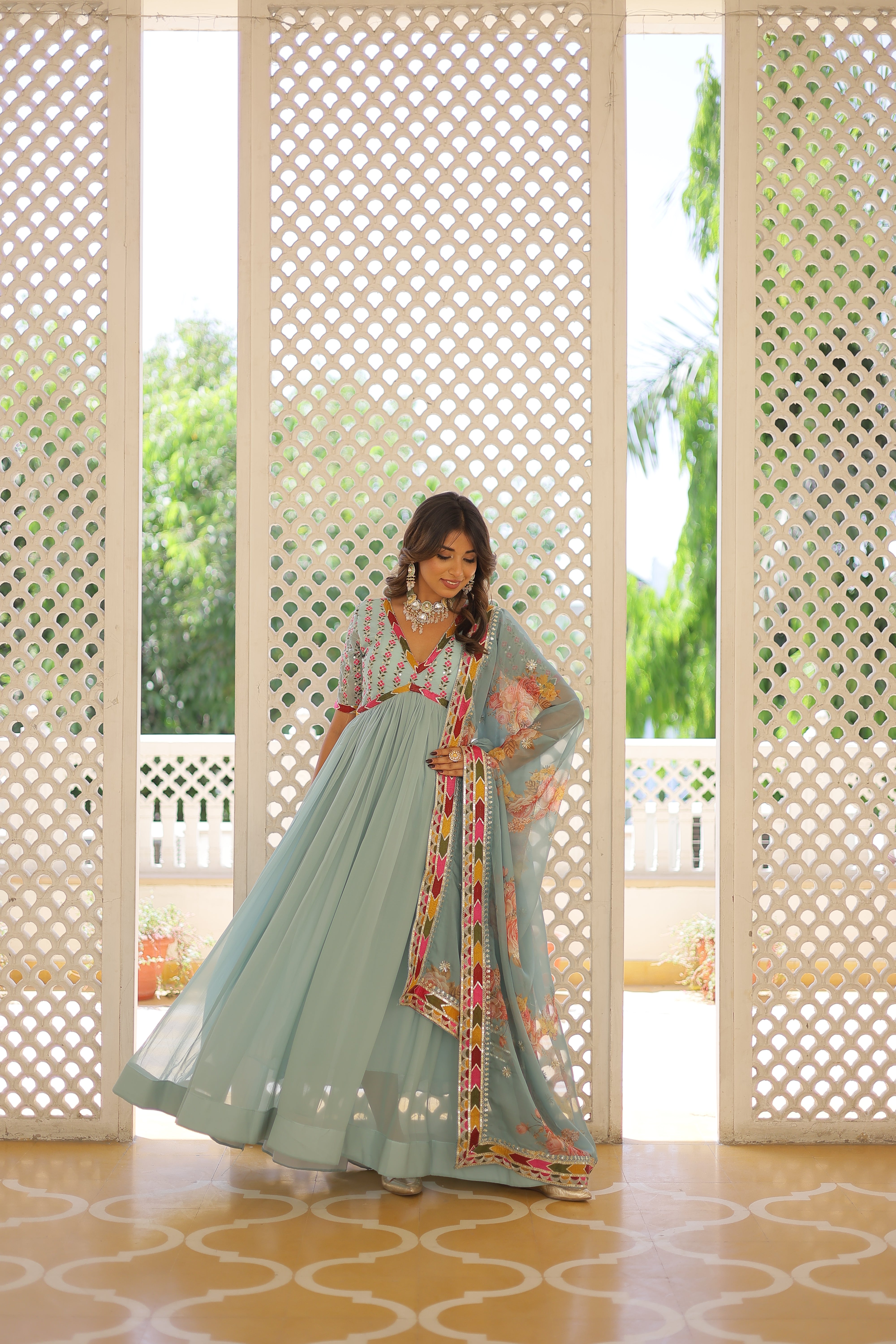 Sky Alia Cut Gown with Dupatta