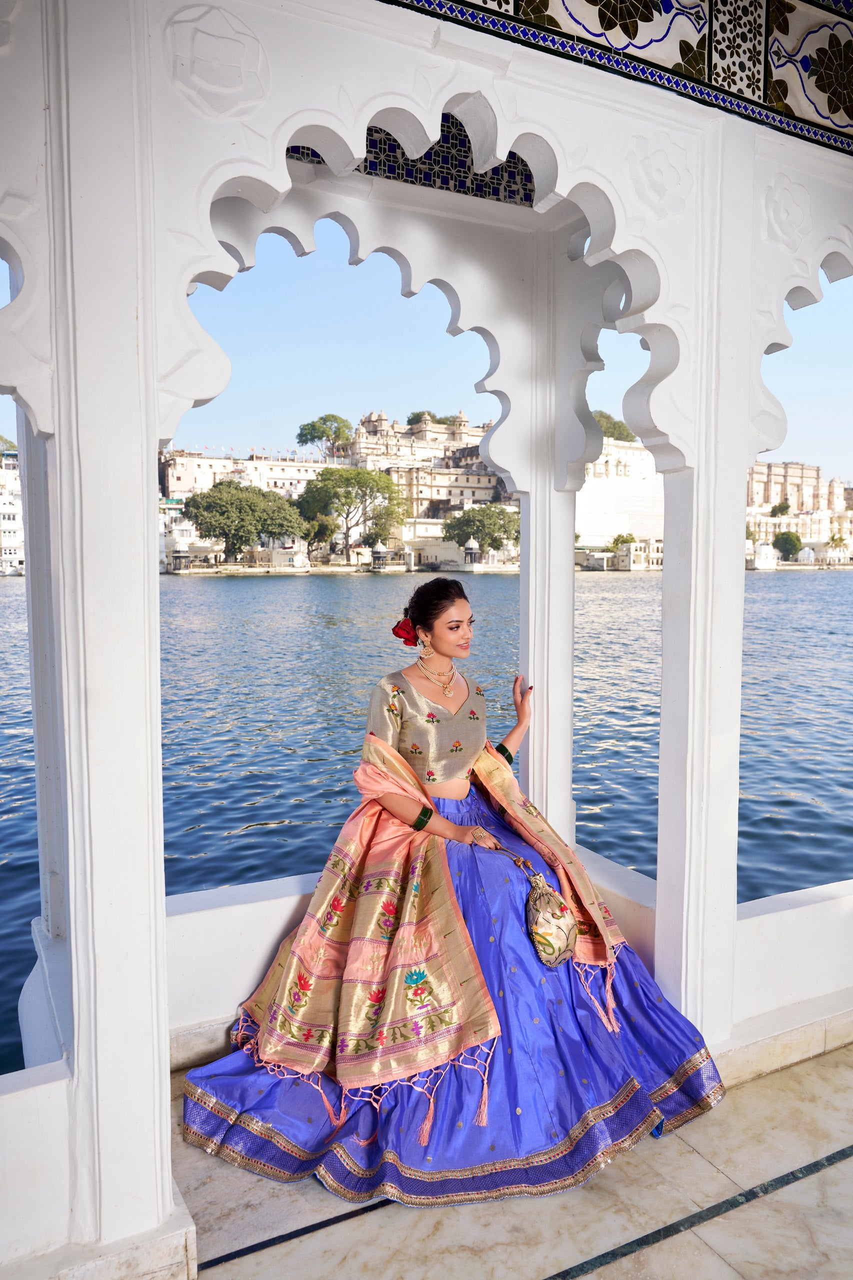 Sky Blue Jacquard Silk Paithani Lehenga Choli