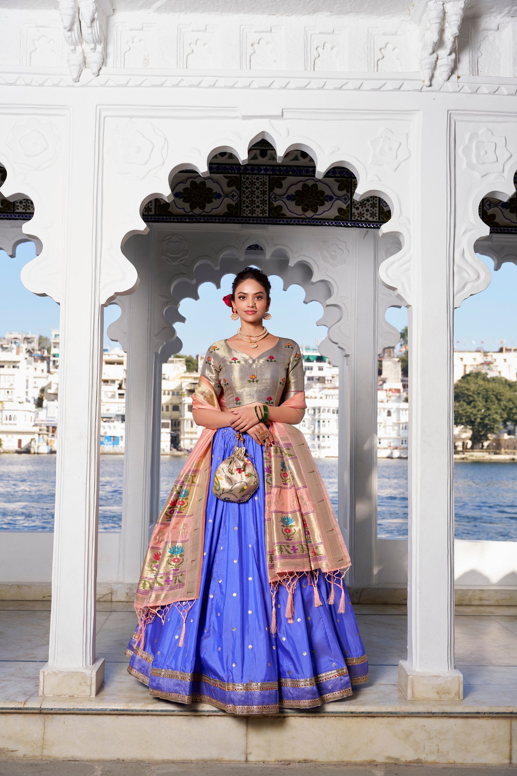 Sky Blue Jacquard Silk Paithani Lehenga Choli