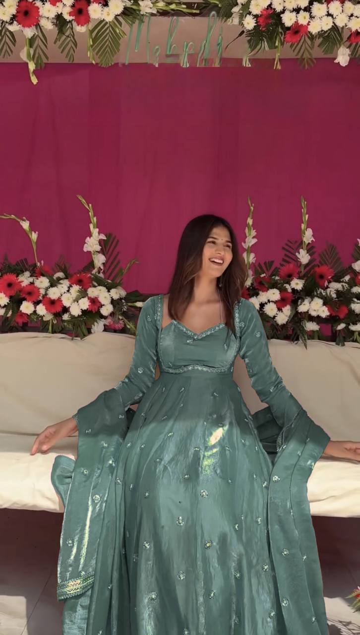 Sky Color Fendy Silk Anarkali Suit | Nardev Fashion
