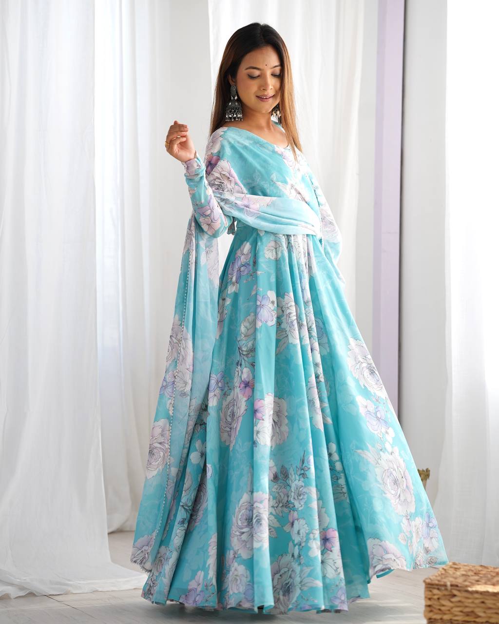 Sky Floral Print Anarkali Set | Nardev Fashion