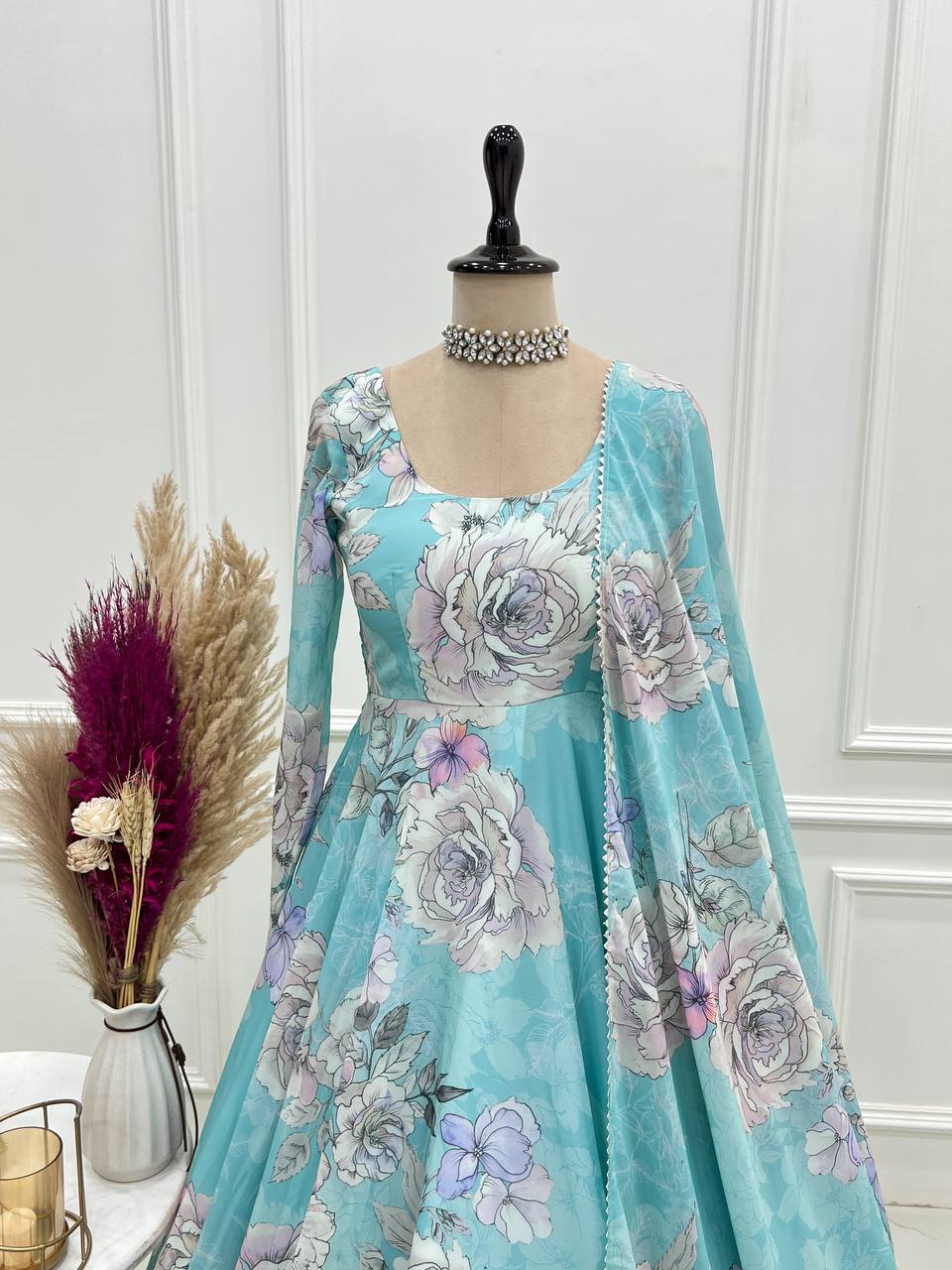 Sky Floral Print Anarkali Set | Nardev Fashion