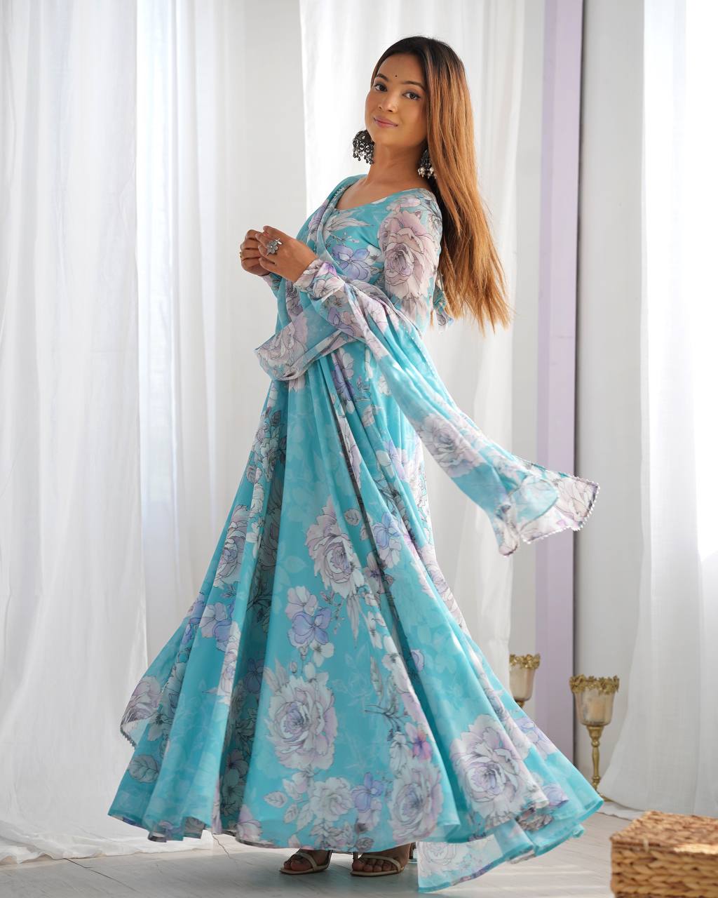 Sky Floral Print Anarkali Set | Nardev Fashion