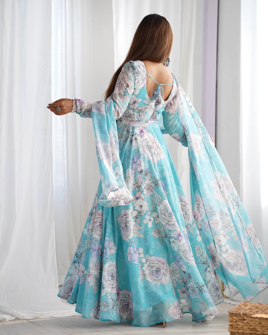 Sky Floral Print Anarkali Set | Nardev Fashion