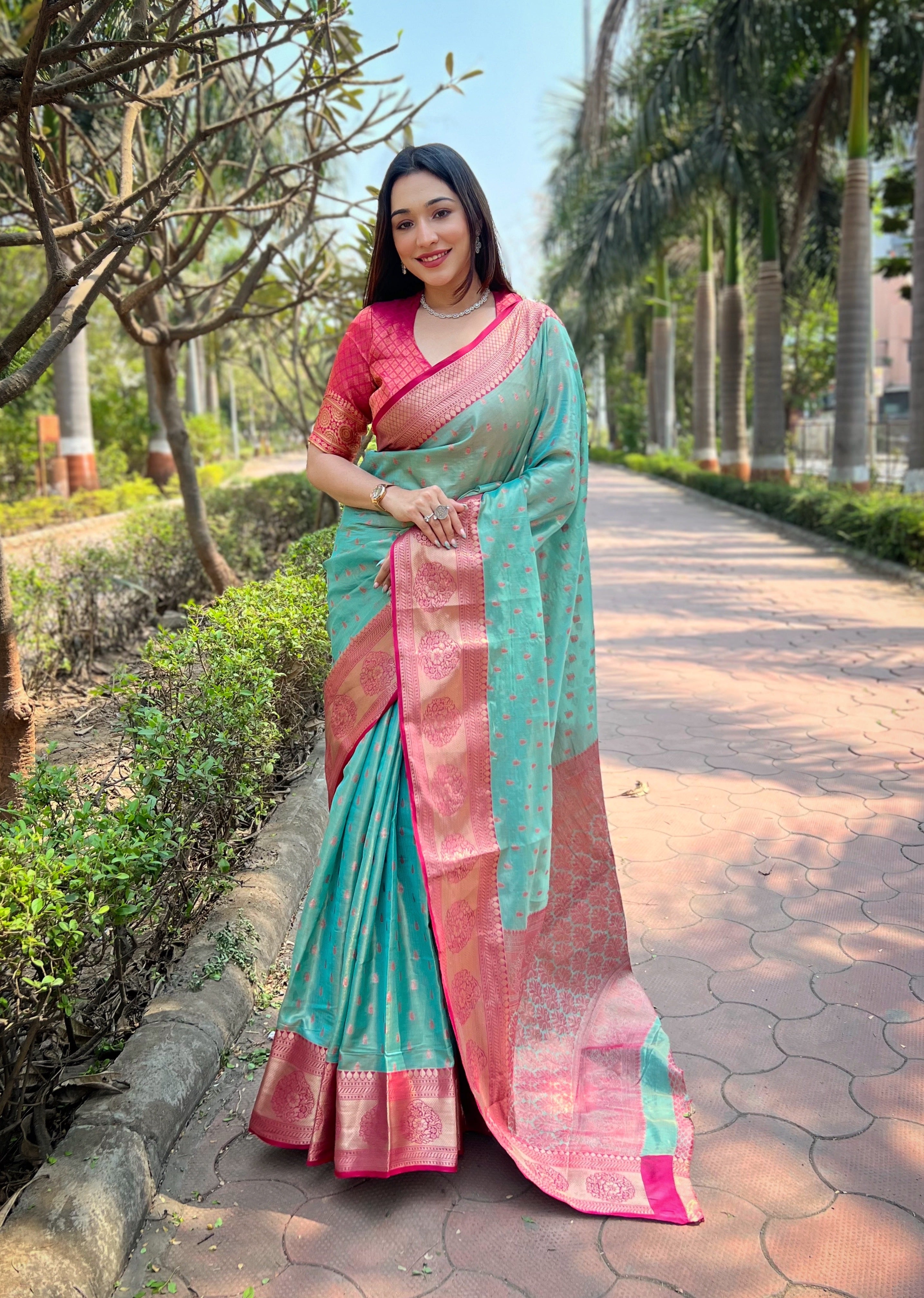 Sky Kanchipuram Tissue Silk Zari Woven Saree