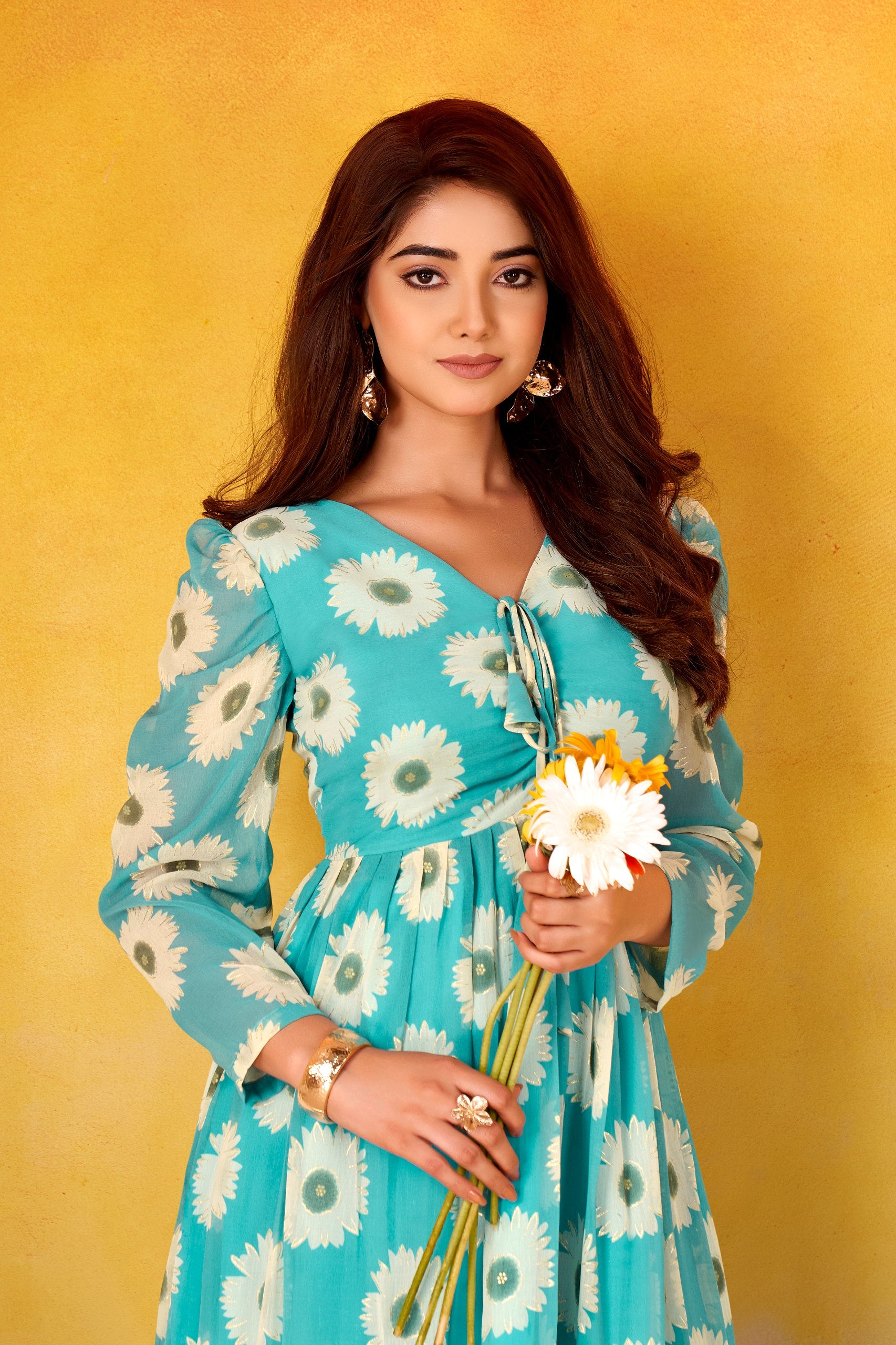 Skyblue Girlish Frock - Floral Print Midi Gown | Nardev Fashion