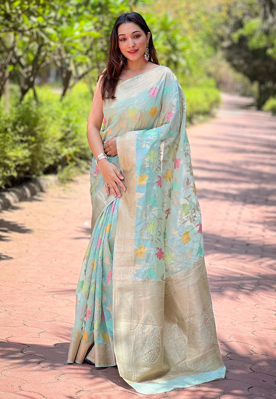 Skyblue Organza Floral Zari Woven Saree