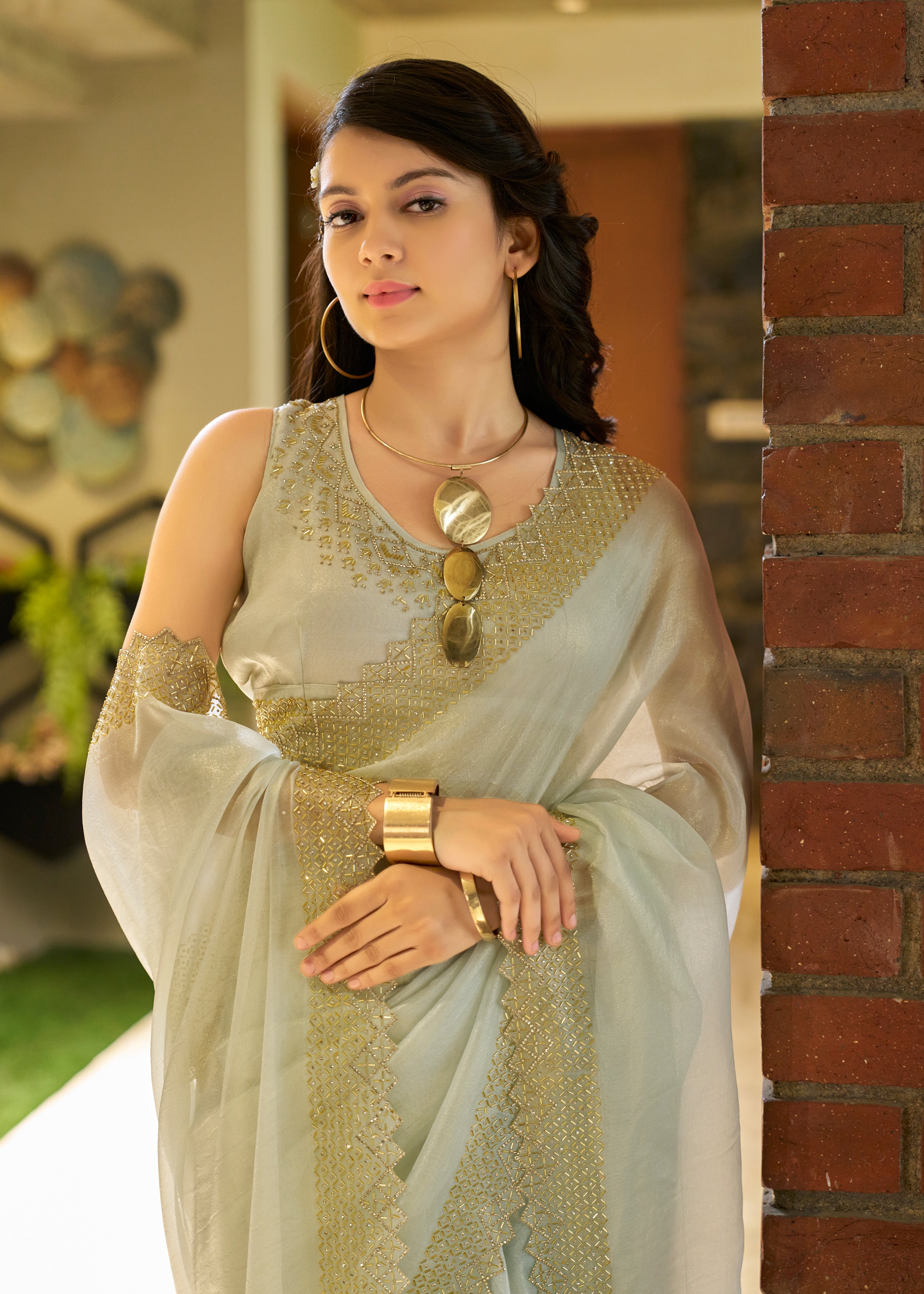 Stylish Cream Handwork Zarkan Saree