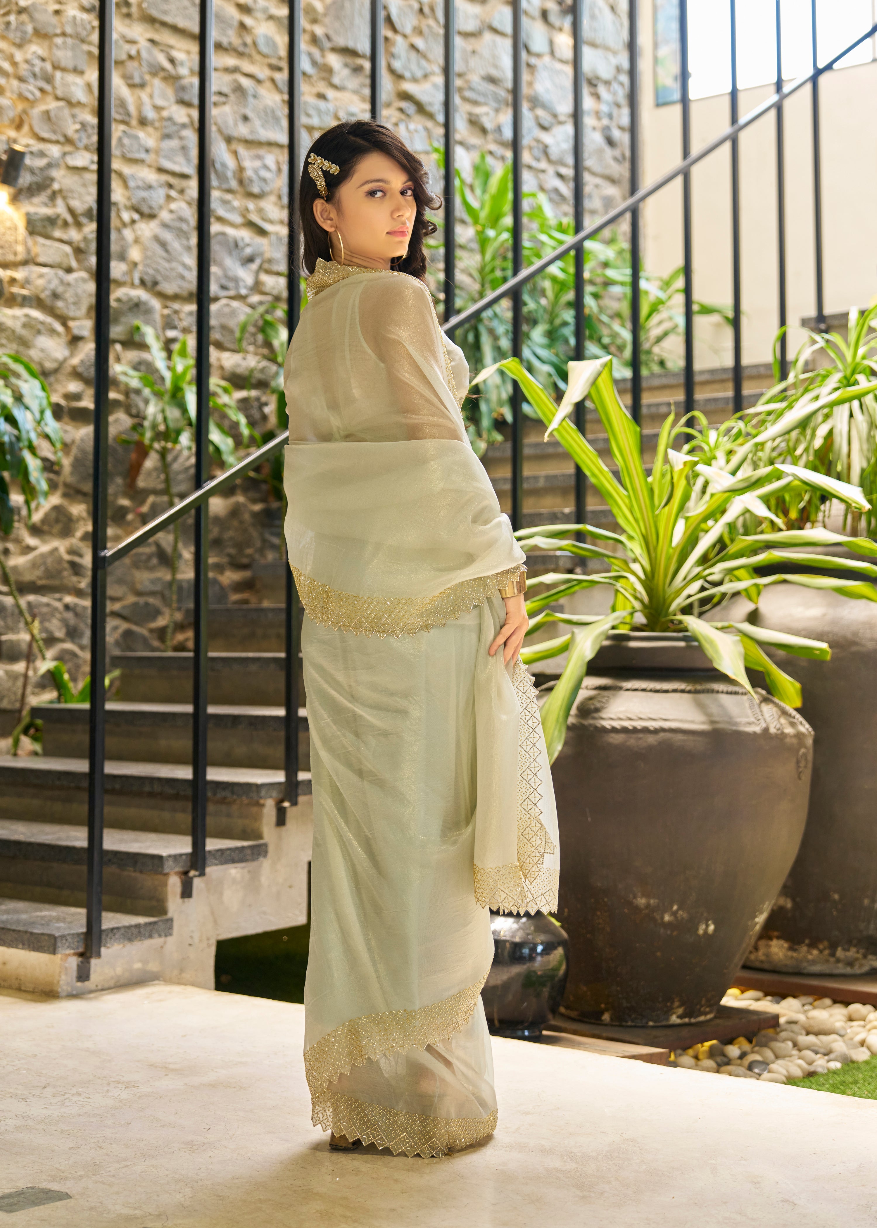 Stylish Cream Handwork Zarkan Saree