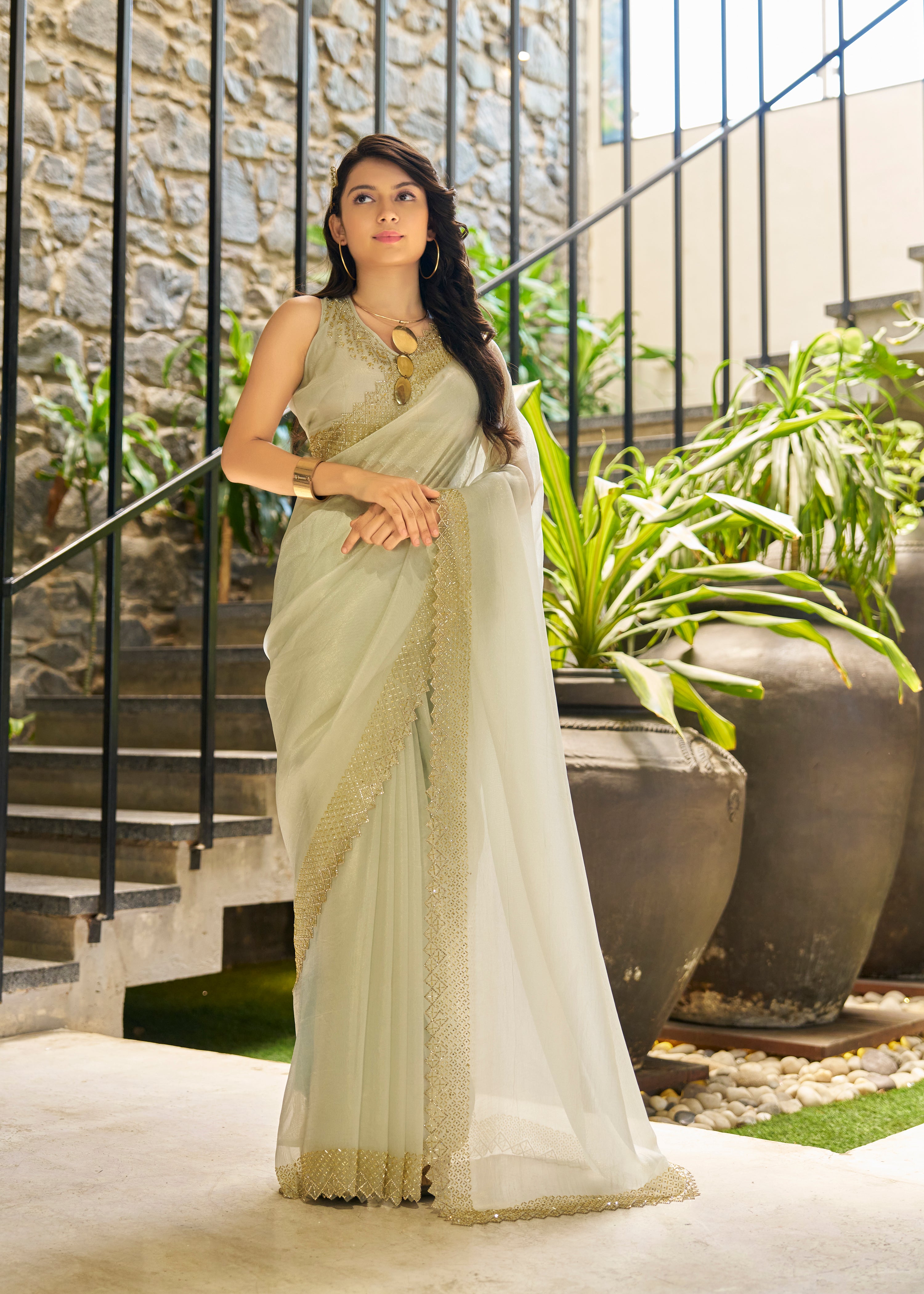 Stylish Cream Handwork Zarkan Saree