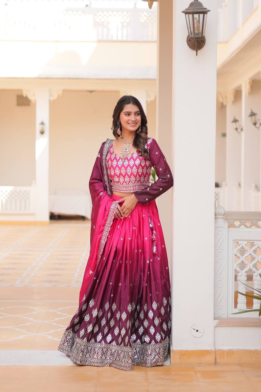 Surprising Embroidered Chinon Wedding Lehenga Choli