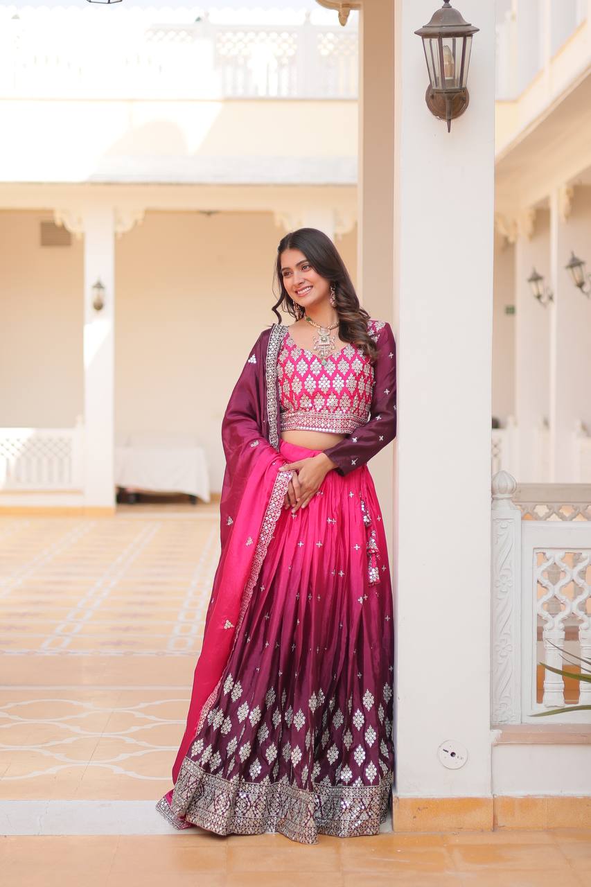 Surprising Embroidered Chinon Wedding Lehenga Choli