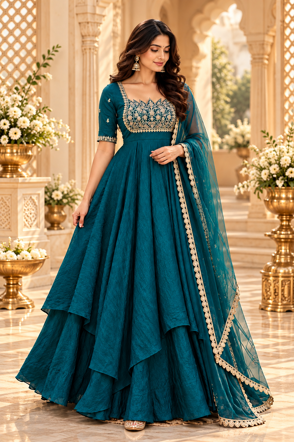 Teal Blue Fandy Crush Silk Embroidered Anarkali Gown Set with Net Dupatta