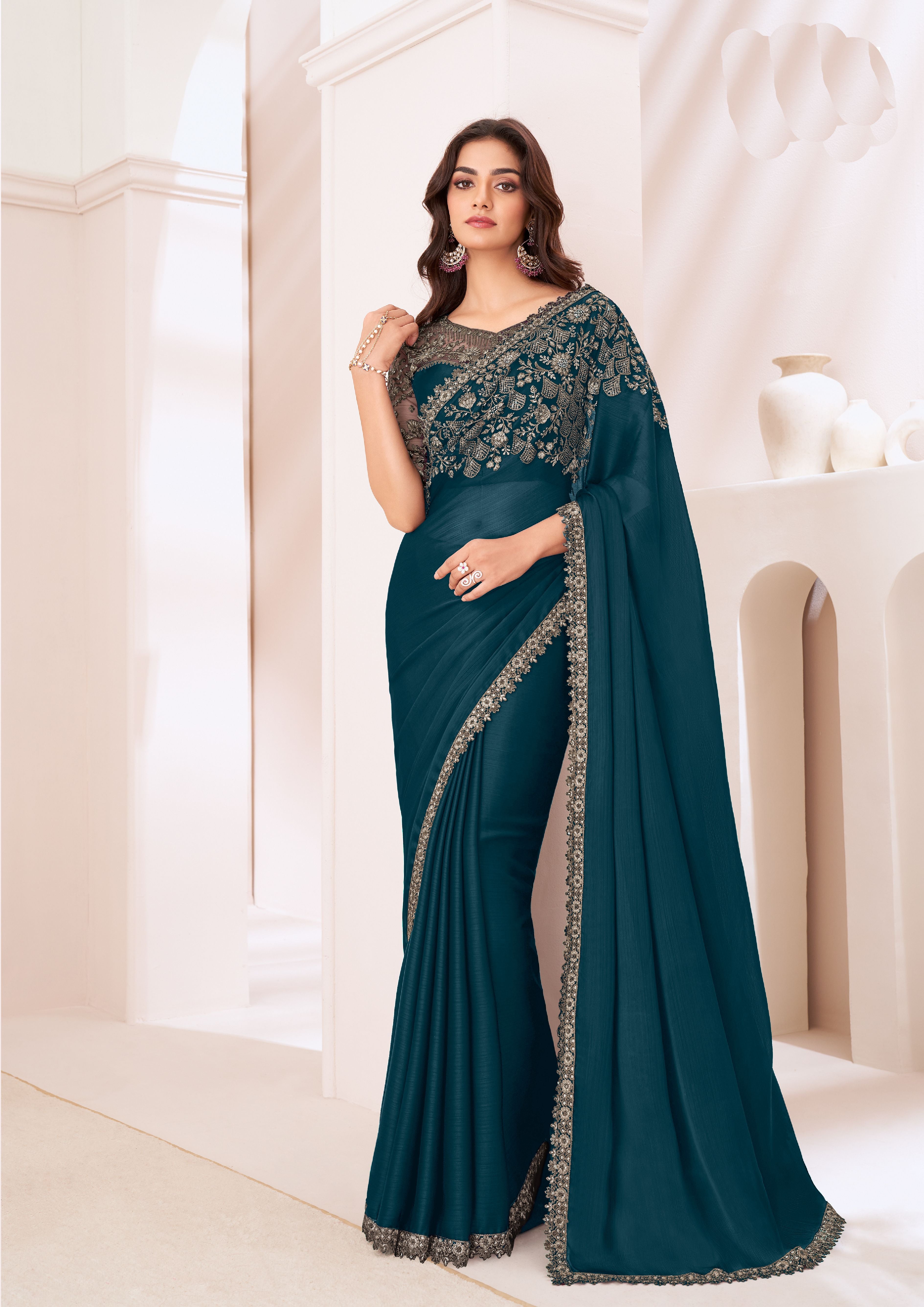 Teal Partywear Saree with Designer Blouse