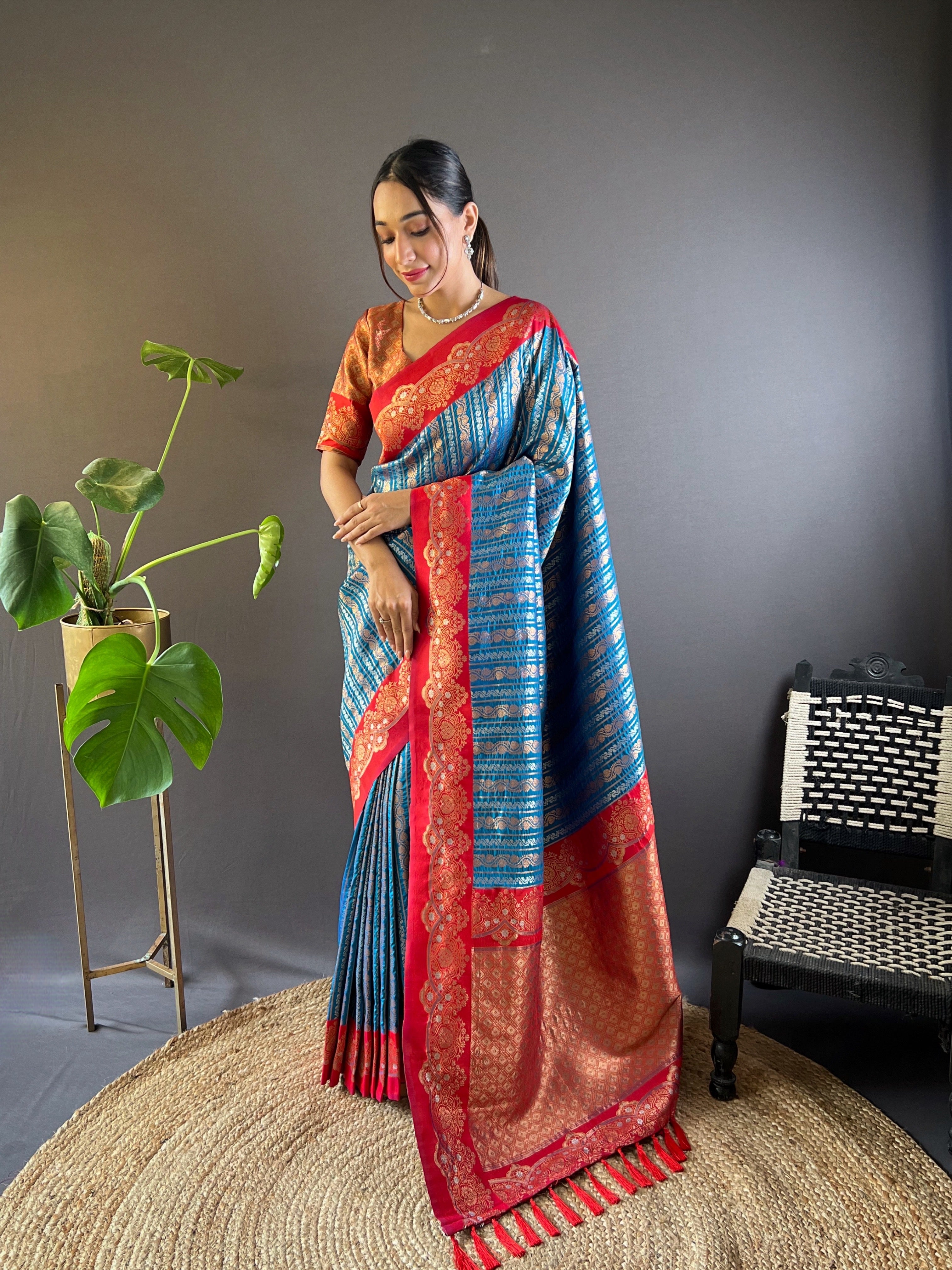 Teal Soft Silk Zari Woven Partywear Saree