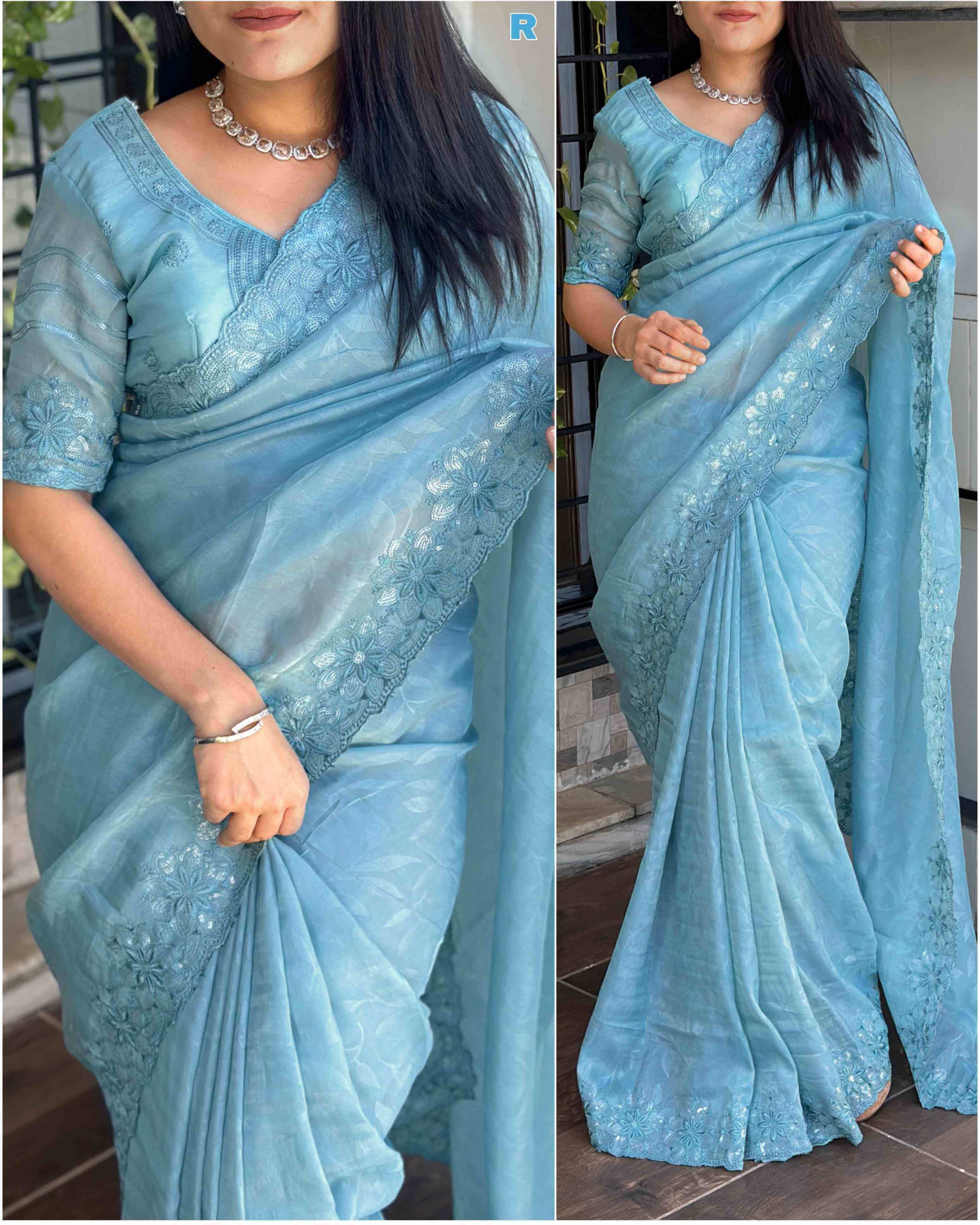 Turquoise Blue Sequin Cutwork Saree