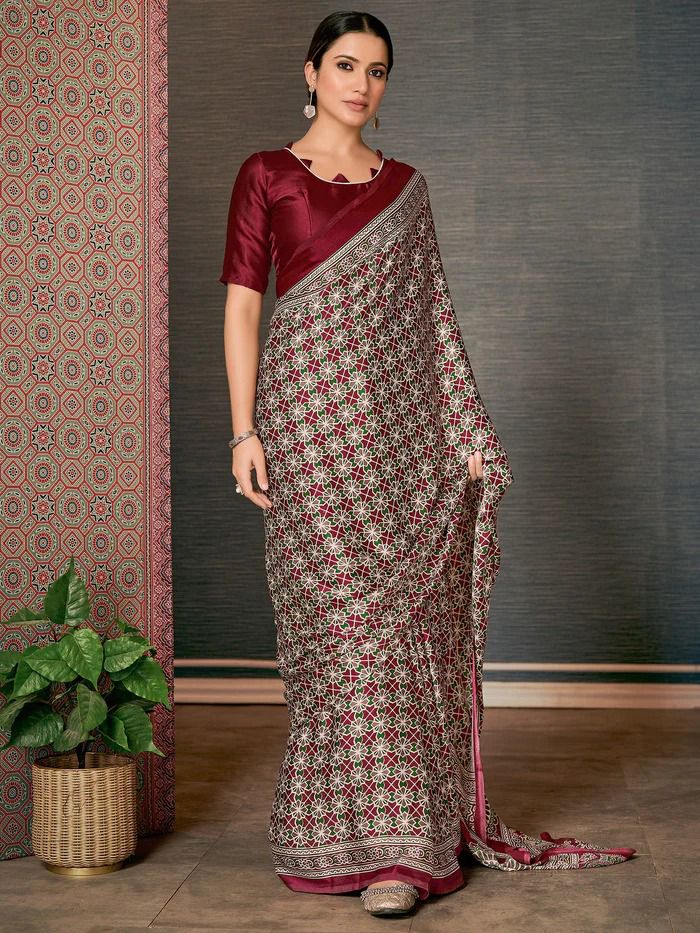 Uniform Clothes Ajrakh Print Saree