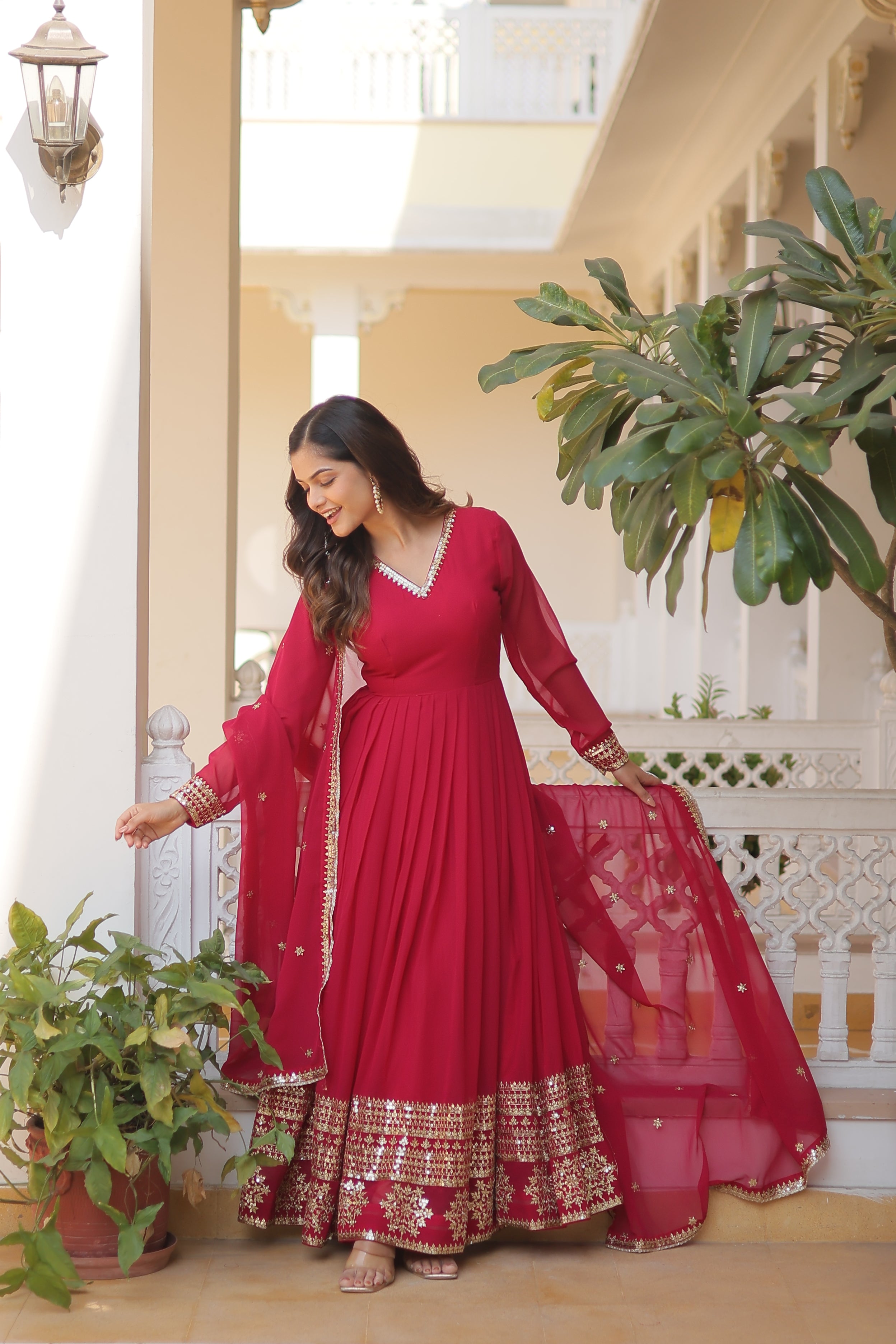 V-Neck Pink Sequins Gown & Dupatta