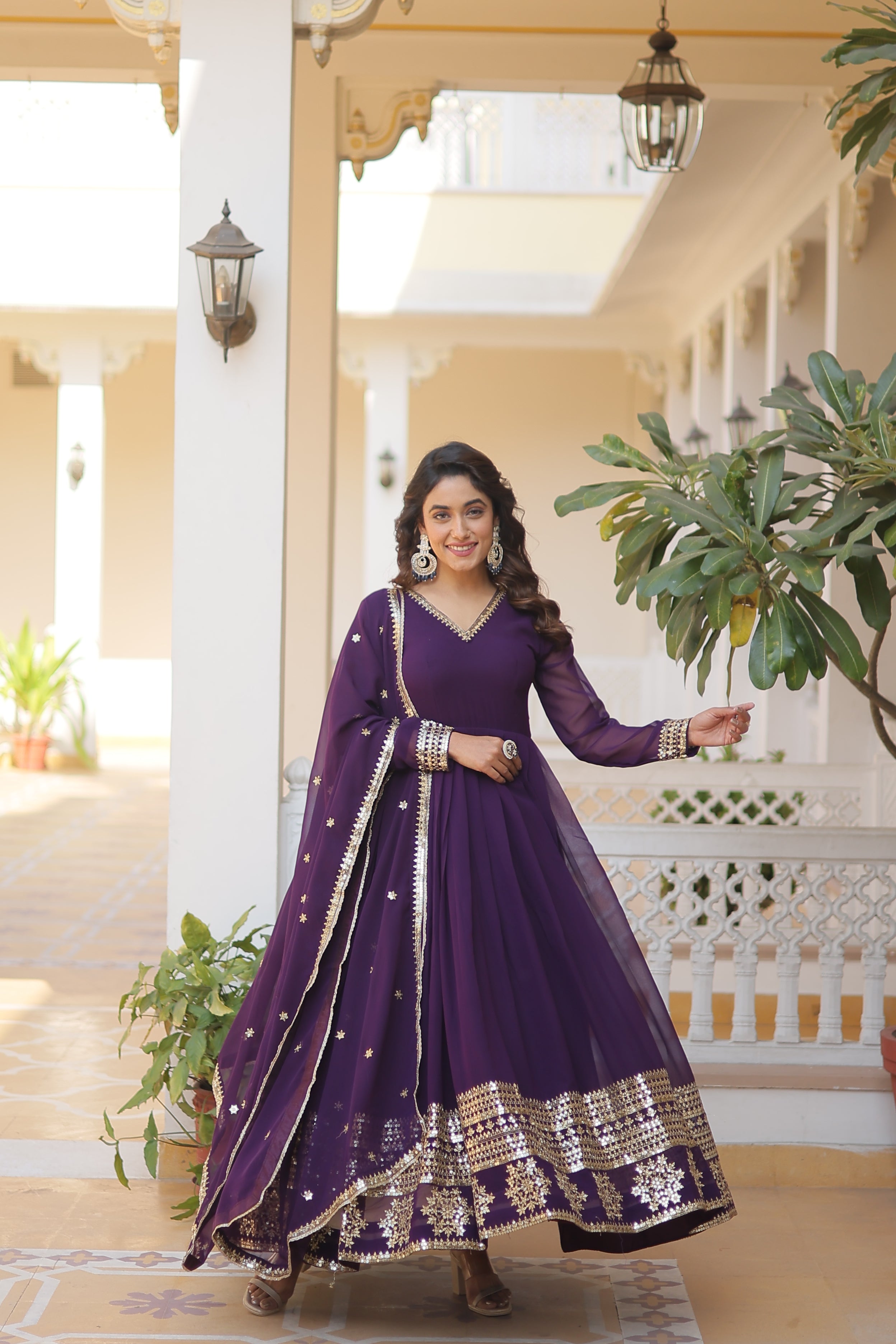 V-Neck Purple Sequins Gown & Dupatta