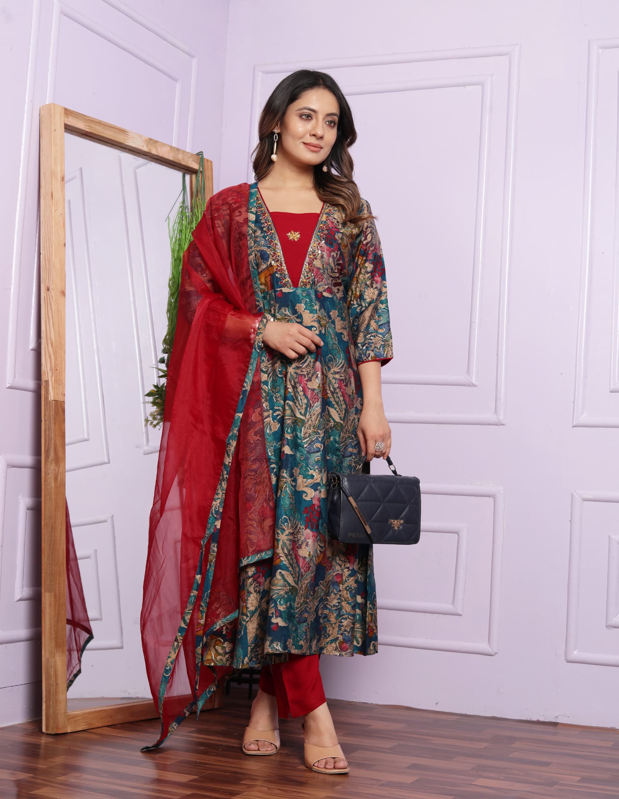 V Neck Round Kurti Pant Duppatta Set