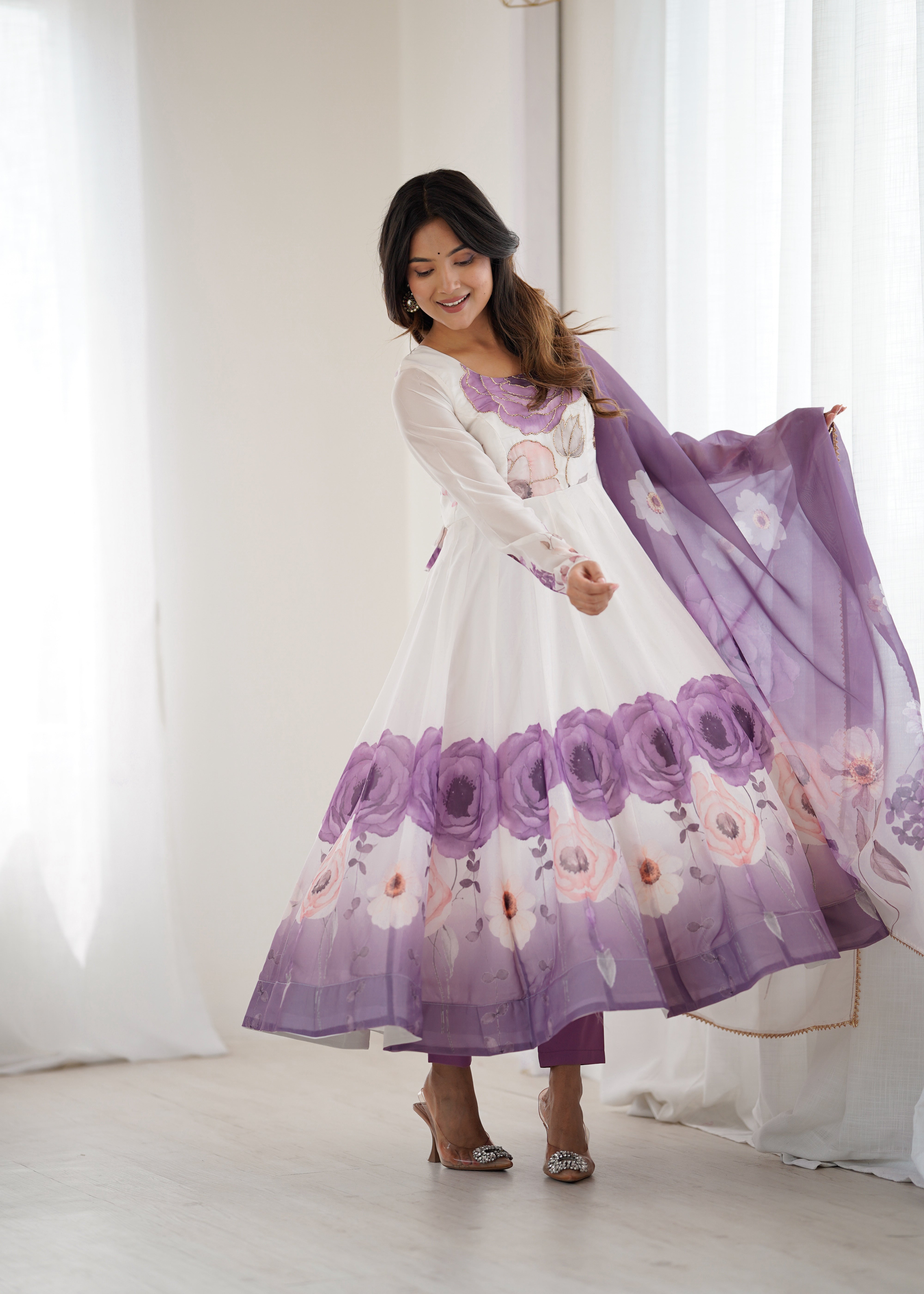 Violet Color Festival Floral Anarkali Set - Aarti Chauhan