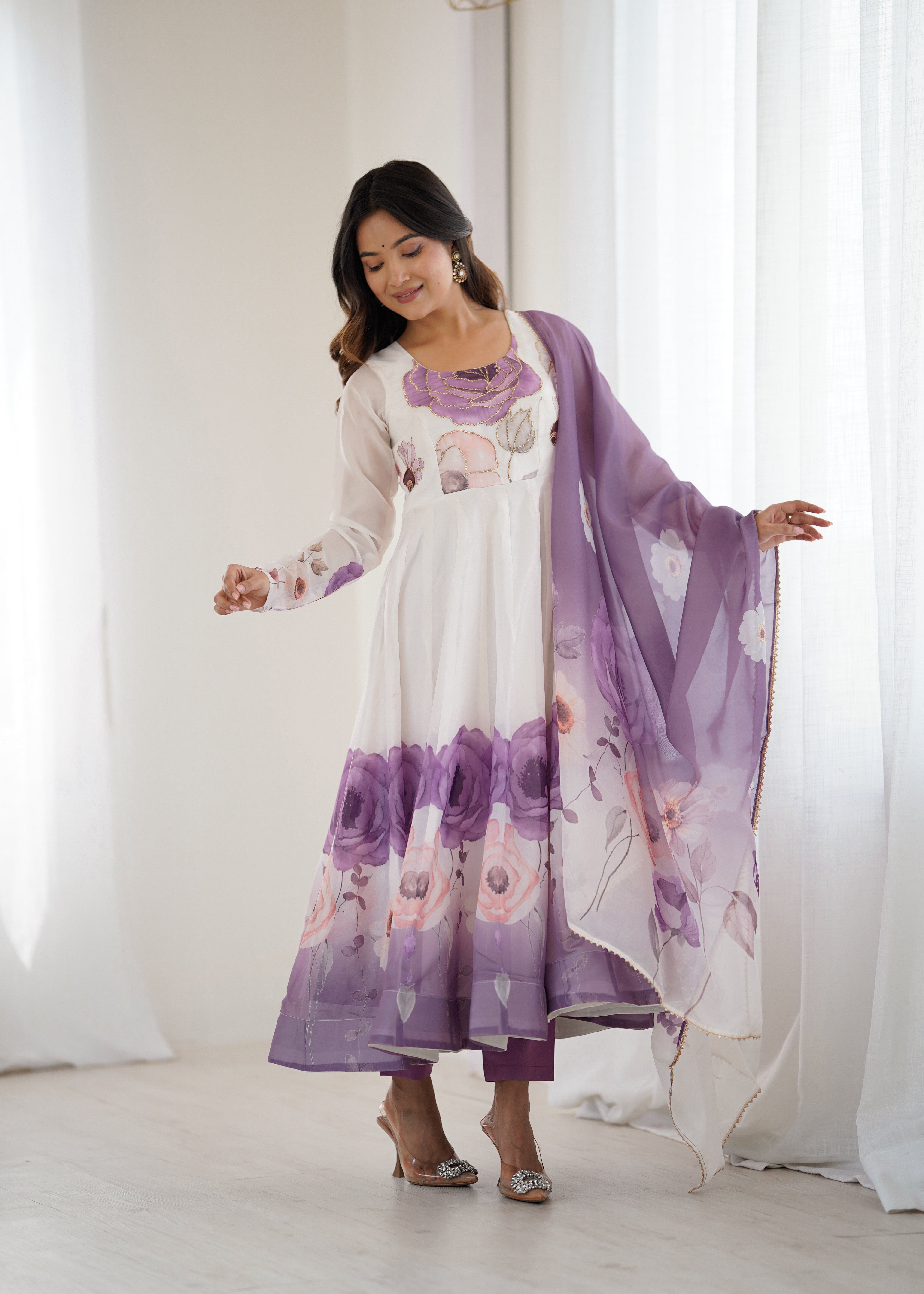 Violet Color Festival Floral Anarkali Set - Aarti Chauhan