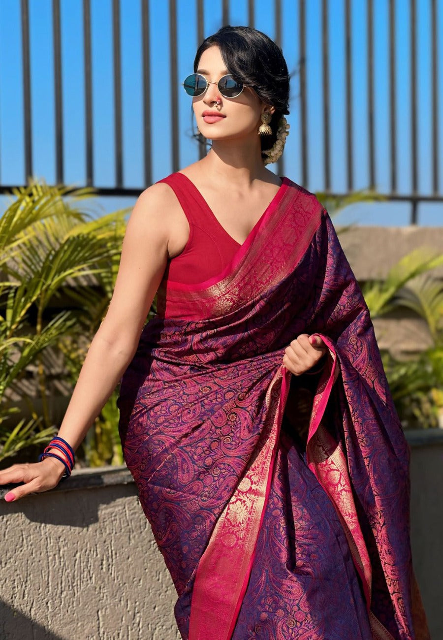 Violet Soft Kashmiri Silk Zari Woven Saree