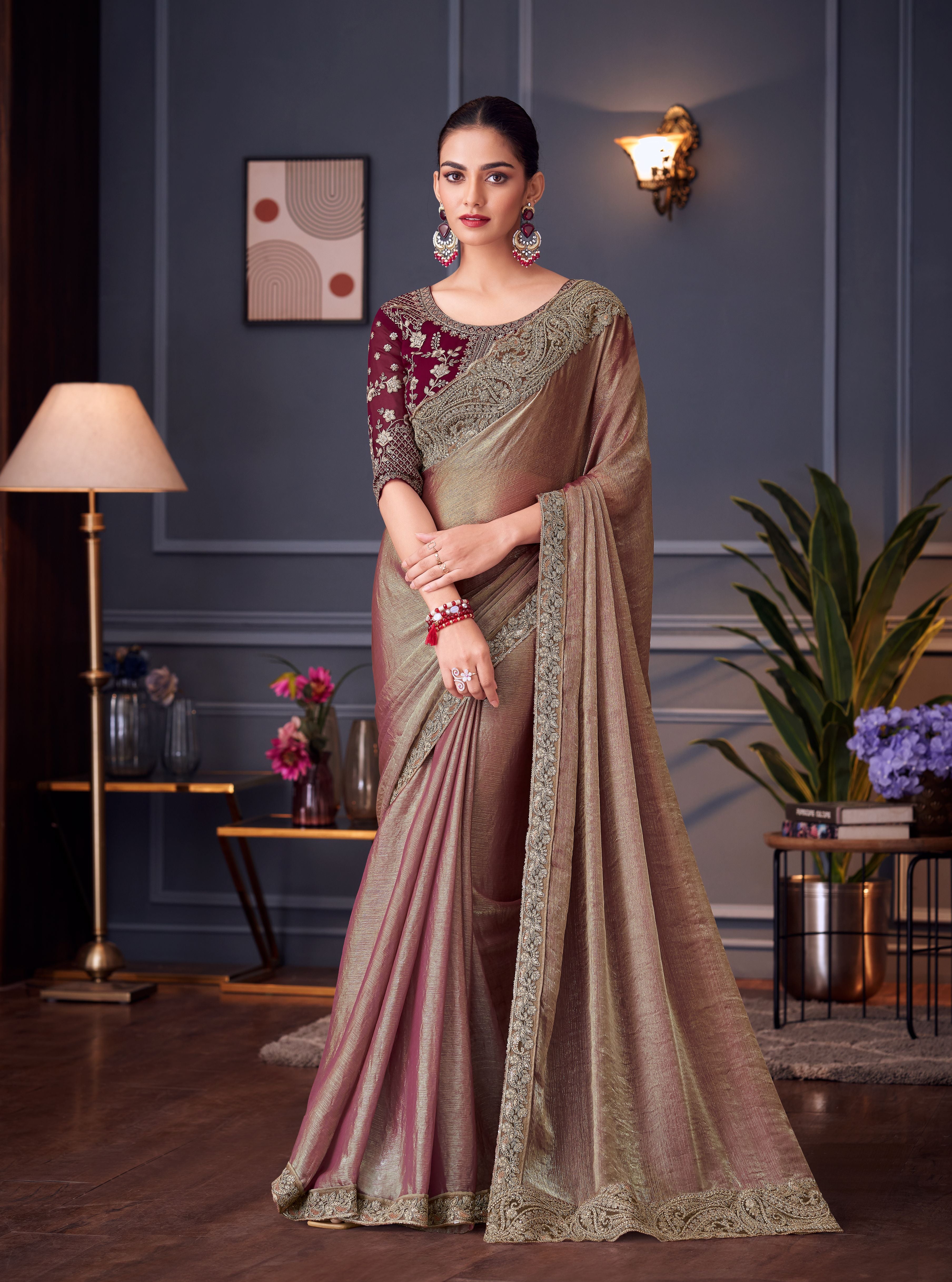 Wedding Festive Style Brown Embroidered Designer Saree