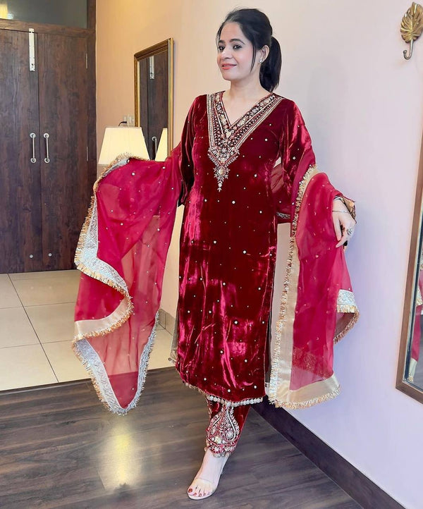 Mehroon Pakistani Velvet Suit | Ready to Wear