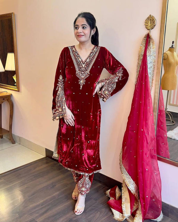 Raazi Beige Heavy Designer Embroidred Pant Style Pakistani Style Suit -  Dial N Fashion