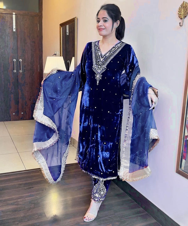 Blue Pakistani Velvet Suit | Ready to Wear
