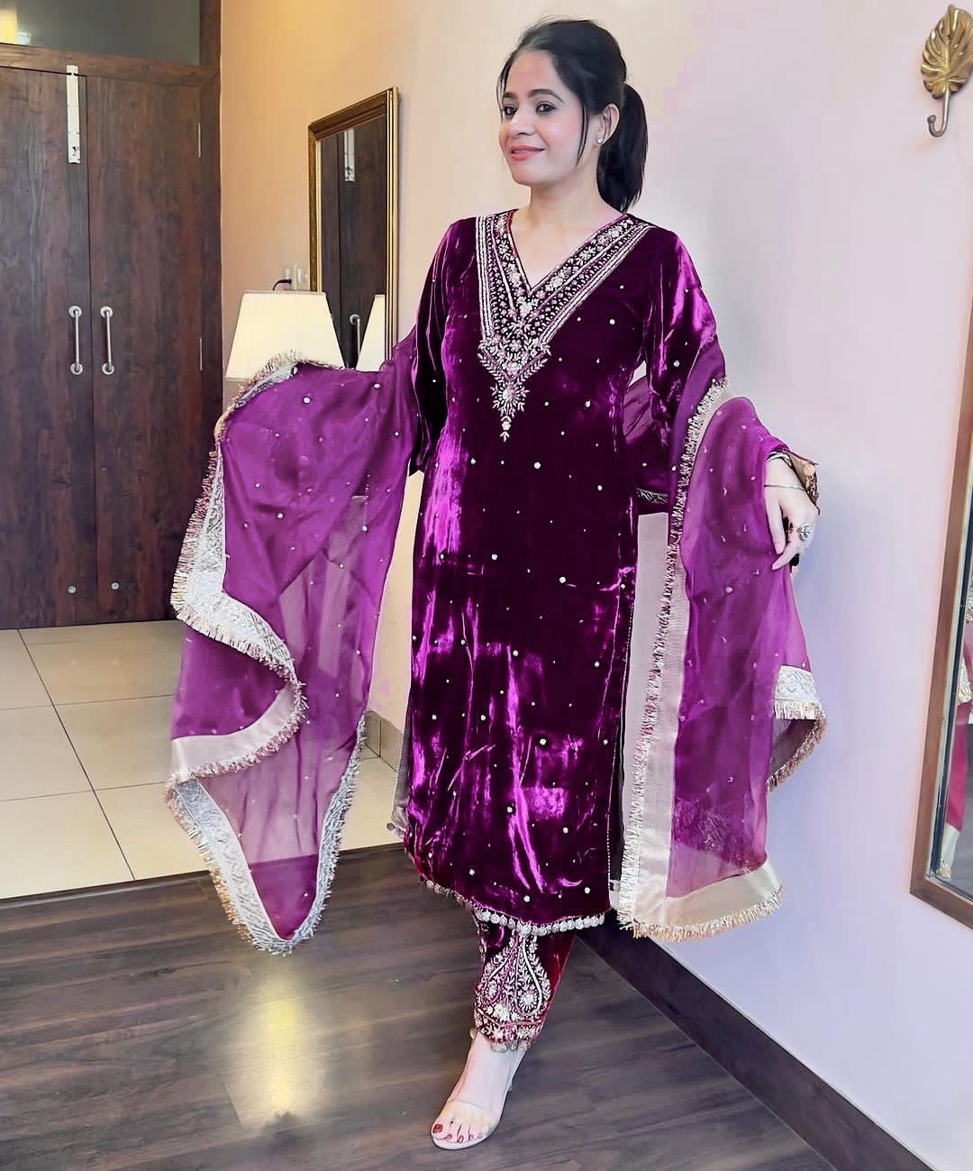 Purple Wine Pakistani Velvet Suit | Ready to Wear
