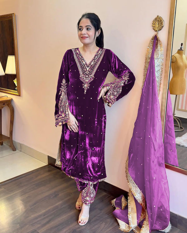 Purple Wine Pakistani Velvet Suit | Ready to Wear
