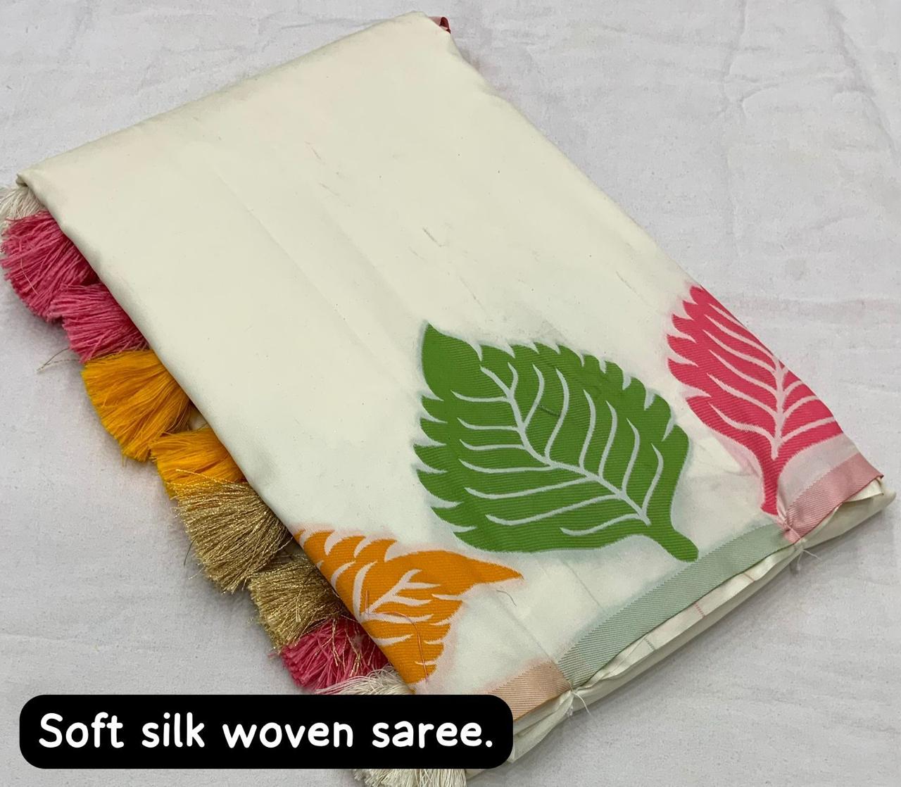 White Beauty Leaf Soft Silk Woven Saree